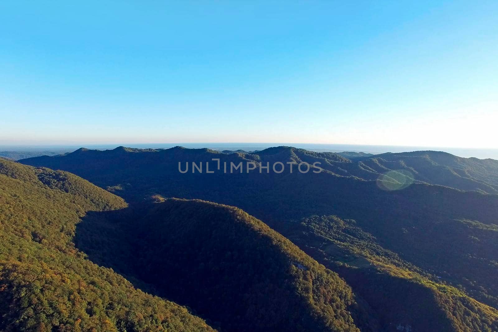 Aerial view of the mountain landscape in the daytime. Abkhazia.