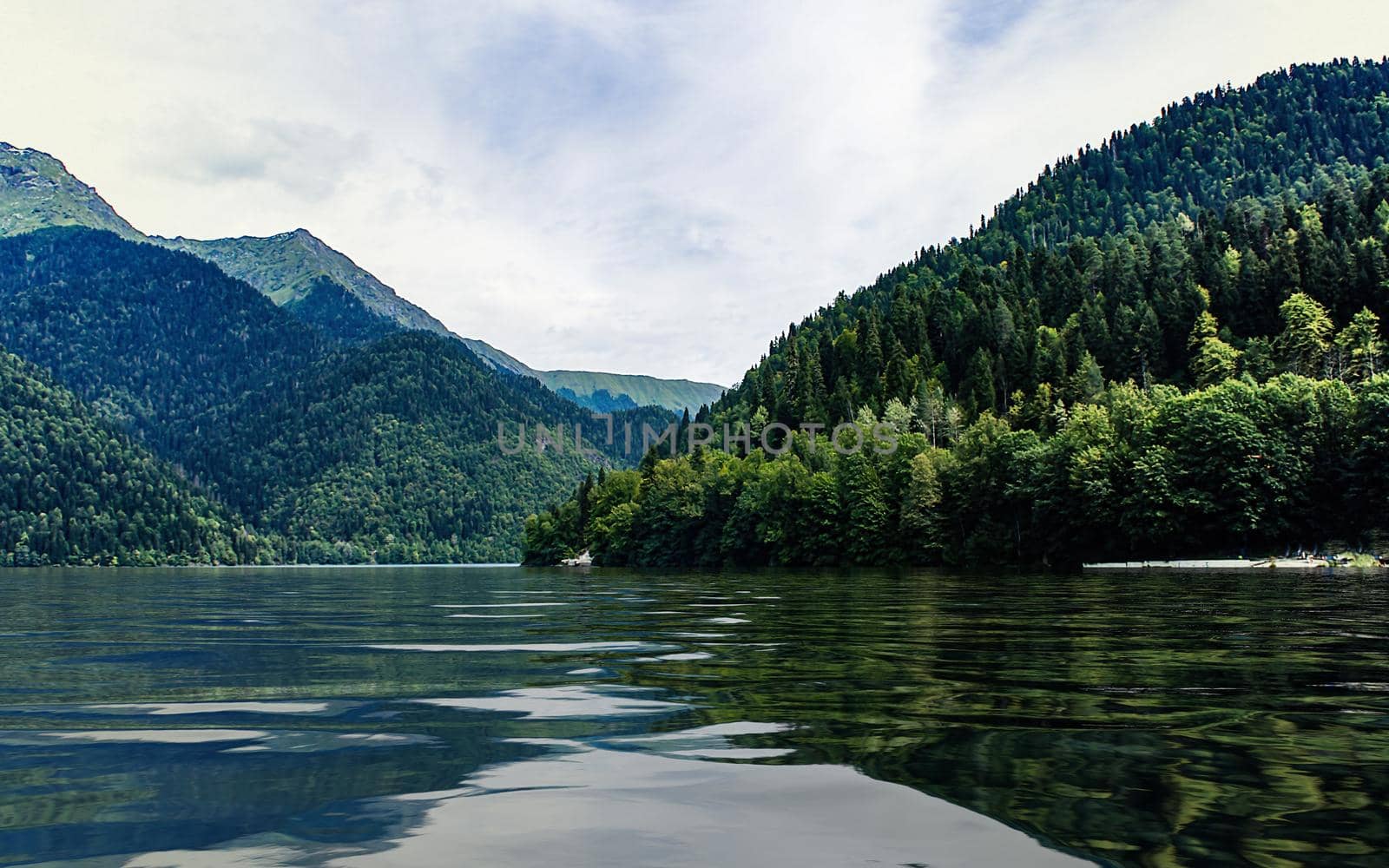 Natural landscape with lake Ritsa and beautiful mountains