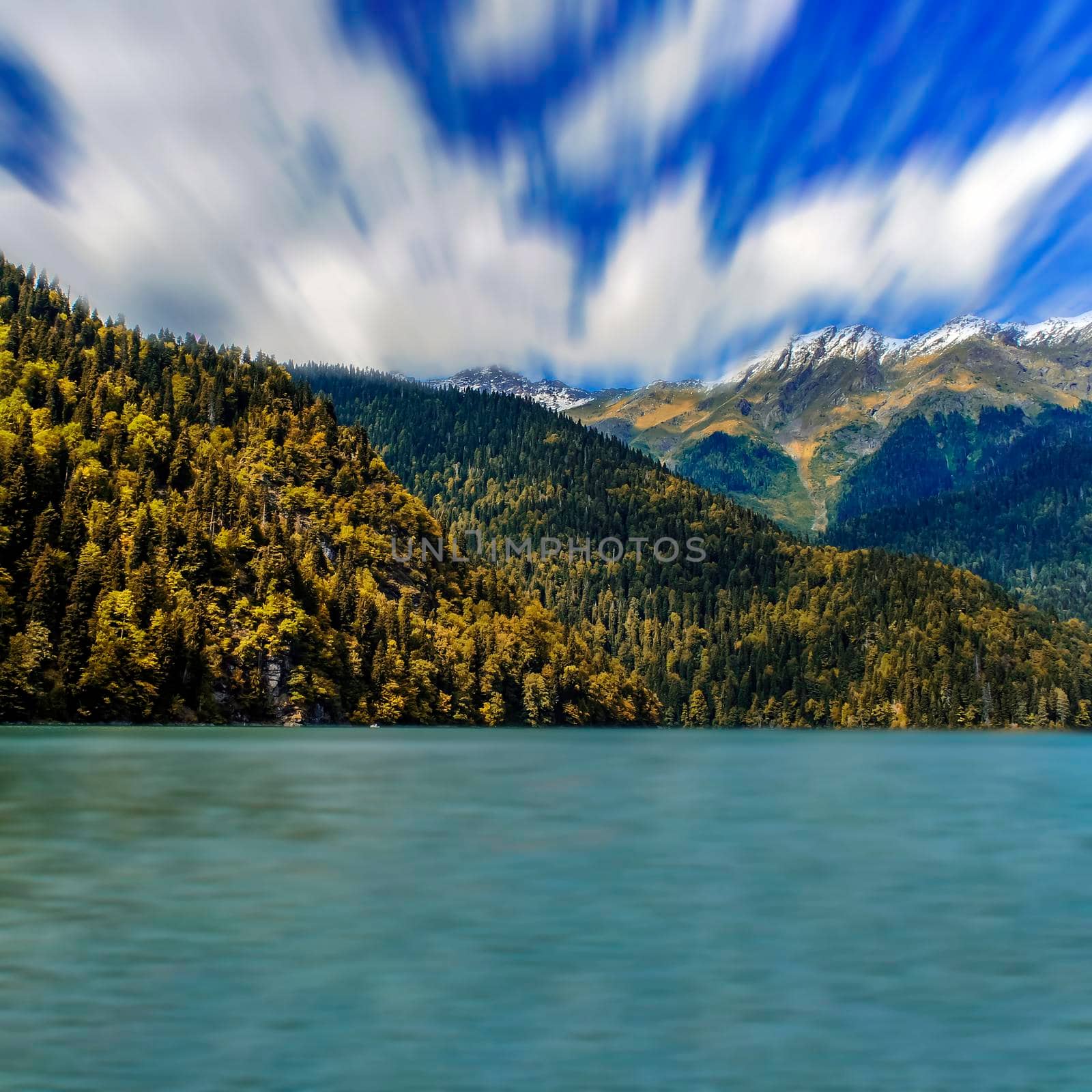 Ritsa, Abkhazia. The magnificent mountain scenery on the background of emerald lake Ritsa in Abkhazia