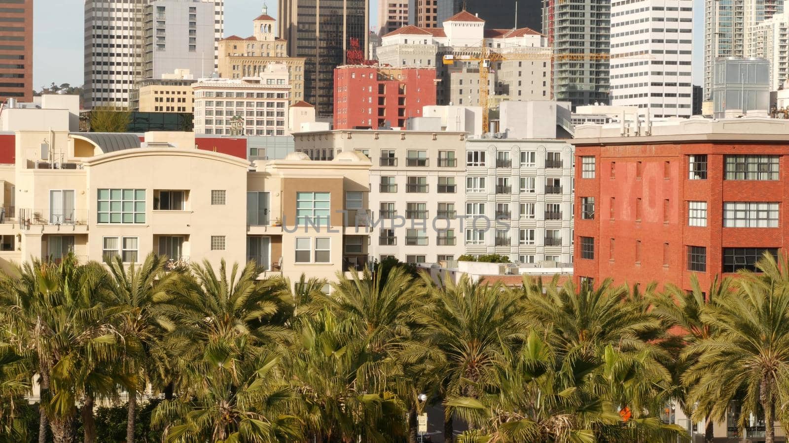 Metropolis urban skyline, highrise skyscrapers in city downtown, San Diego county, California USA. From above aerial view, lot of various buildings in Gaslamp Quarter. Overlook the financial district.