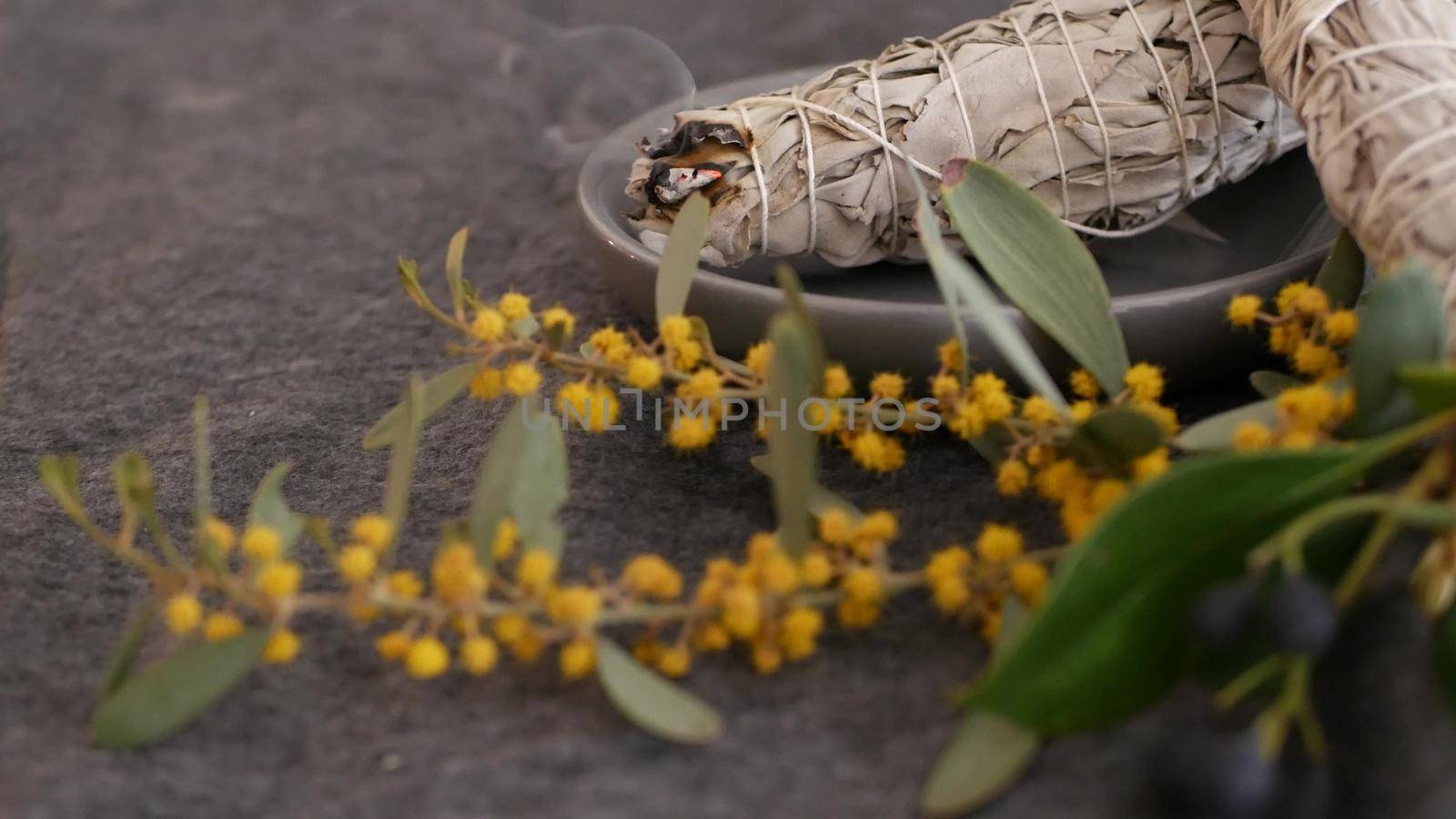 Dried white sage smudge stick, relaxation and aromatherapy. Smudging during psychic occult ceremony, herbal healing, yoga or aura cleaning. Essential incense for esoteric rituals and fortune telling.