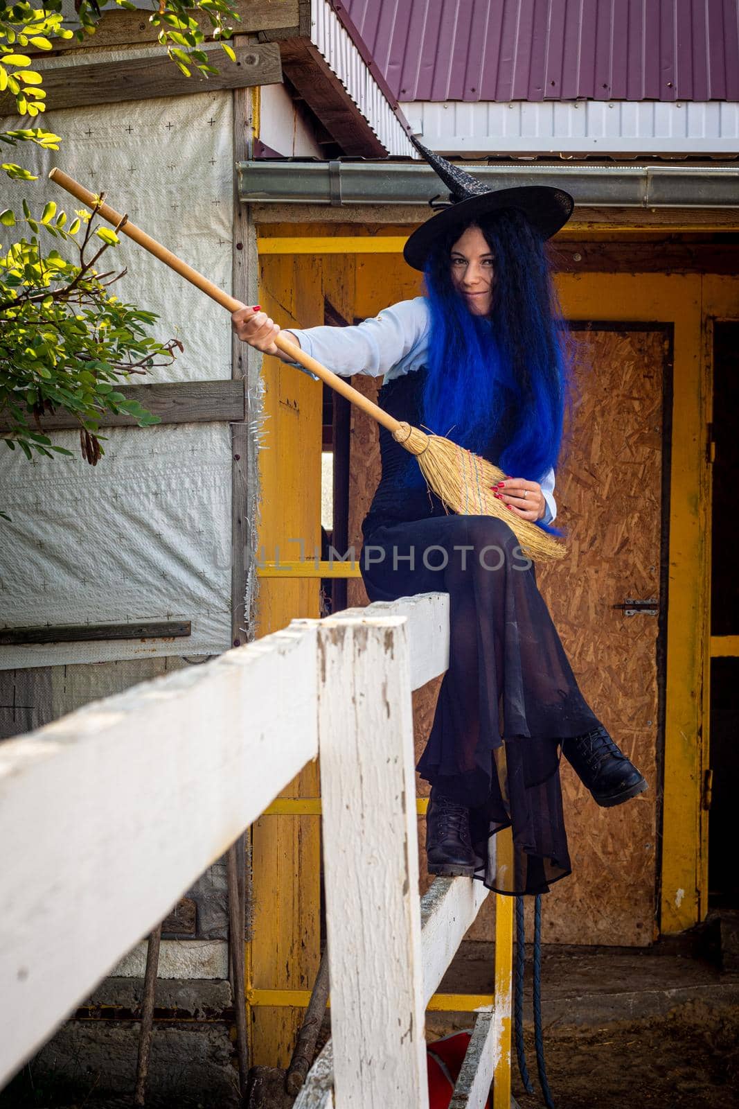 A funny witch with a broom sits behind a fence on a farm by Madhourse