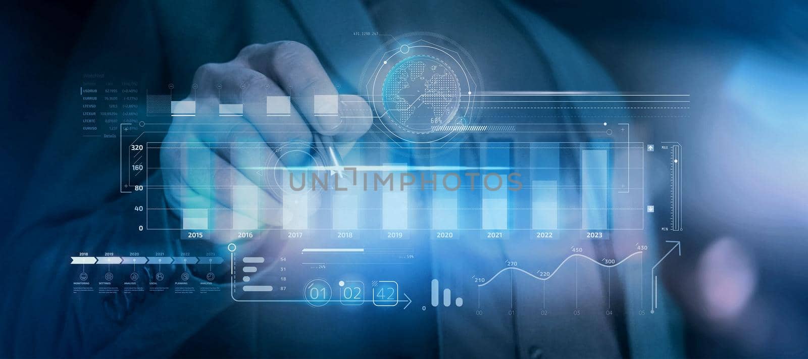 Augmented reality in which a businessman in a suit works with a stylus with a panel of stock charts.