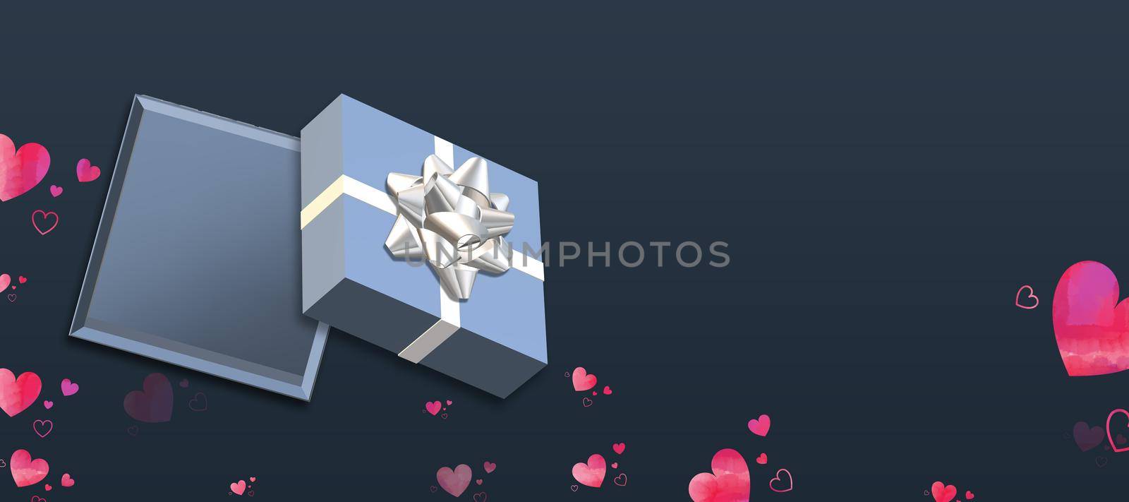 Valentine's Day love design. Horizontal header. Blue gift box, hearts confetti on blue background. Love concept, Valentines design. Place for text, mock up 3D illustration