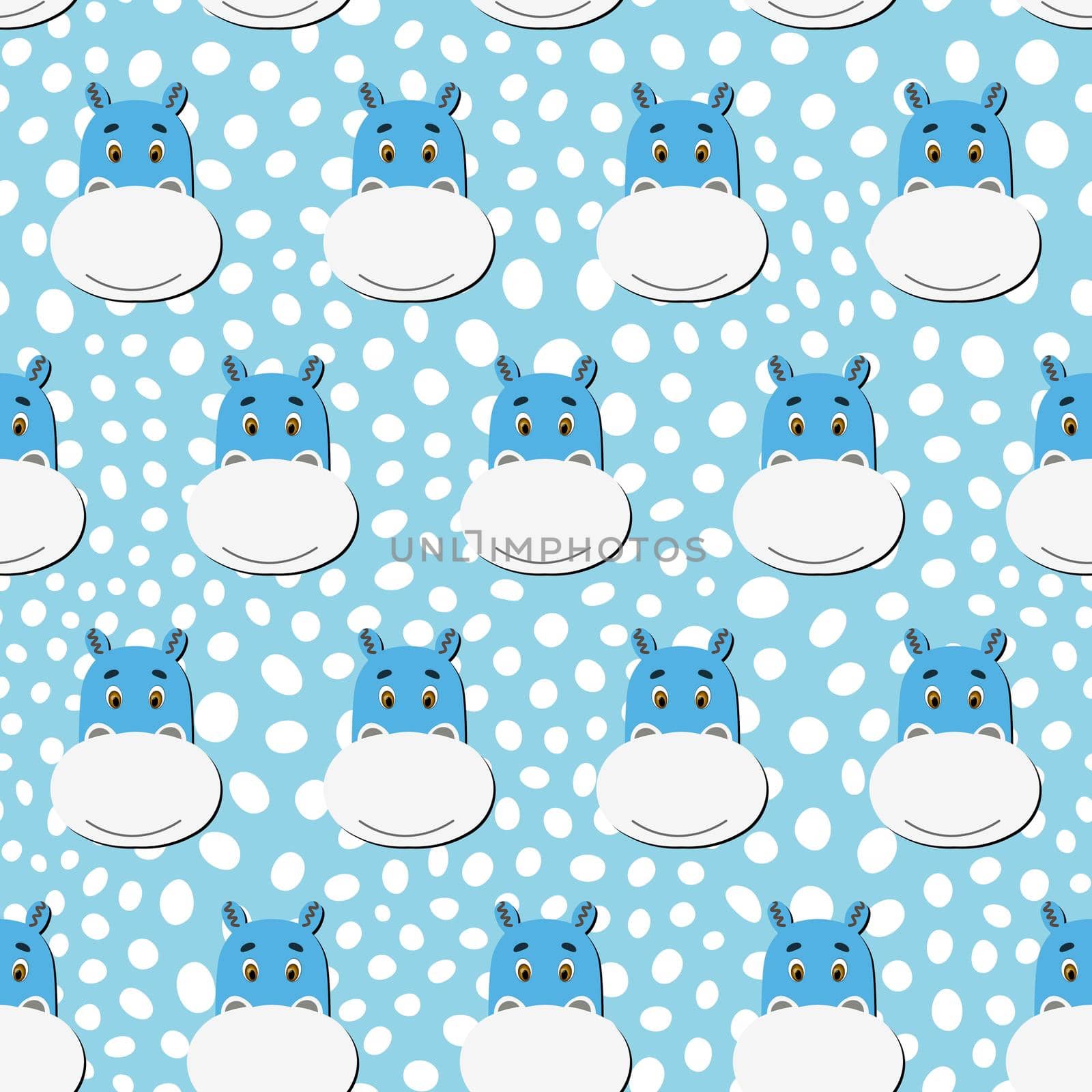 Vector flat animals colorful illustration for kids. Seamless pattern with cute hippopotamus face on blue polka dots background. Adorable cartoon character. Design for card, poster, fabric, textile. by allaku