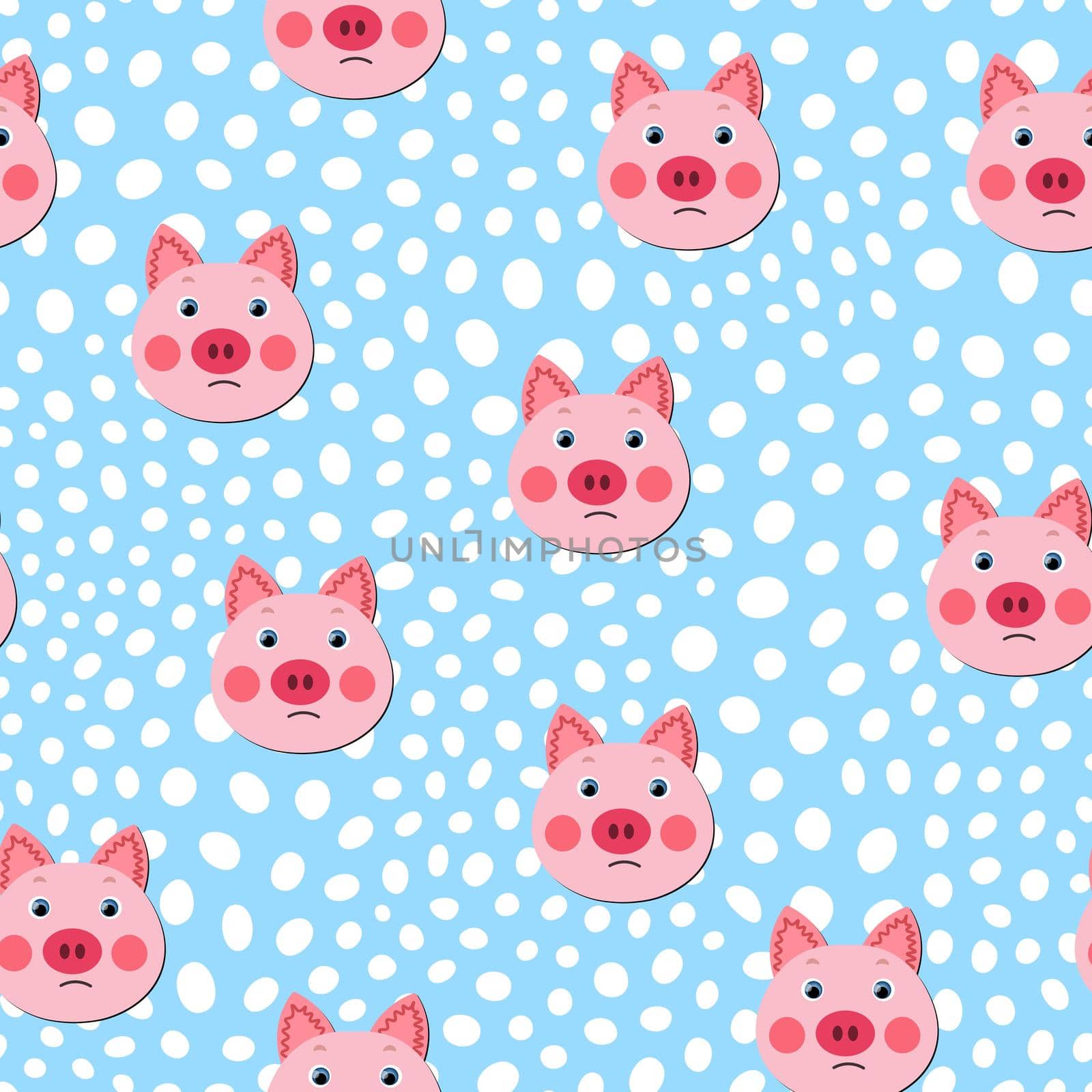 Vector flat animals colorful illustration for kids. Seamless pattern with cute pig face on color polka dots background. Adorable cartoon character. Design for textures, card, poster, fabric, textile. by allaku