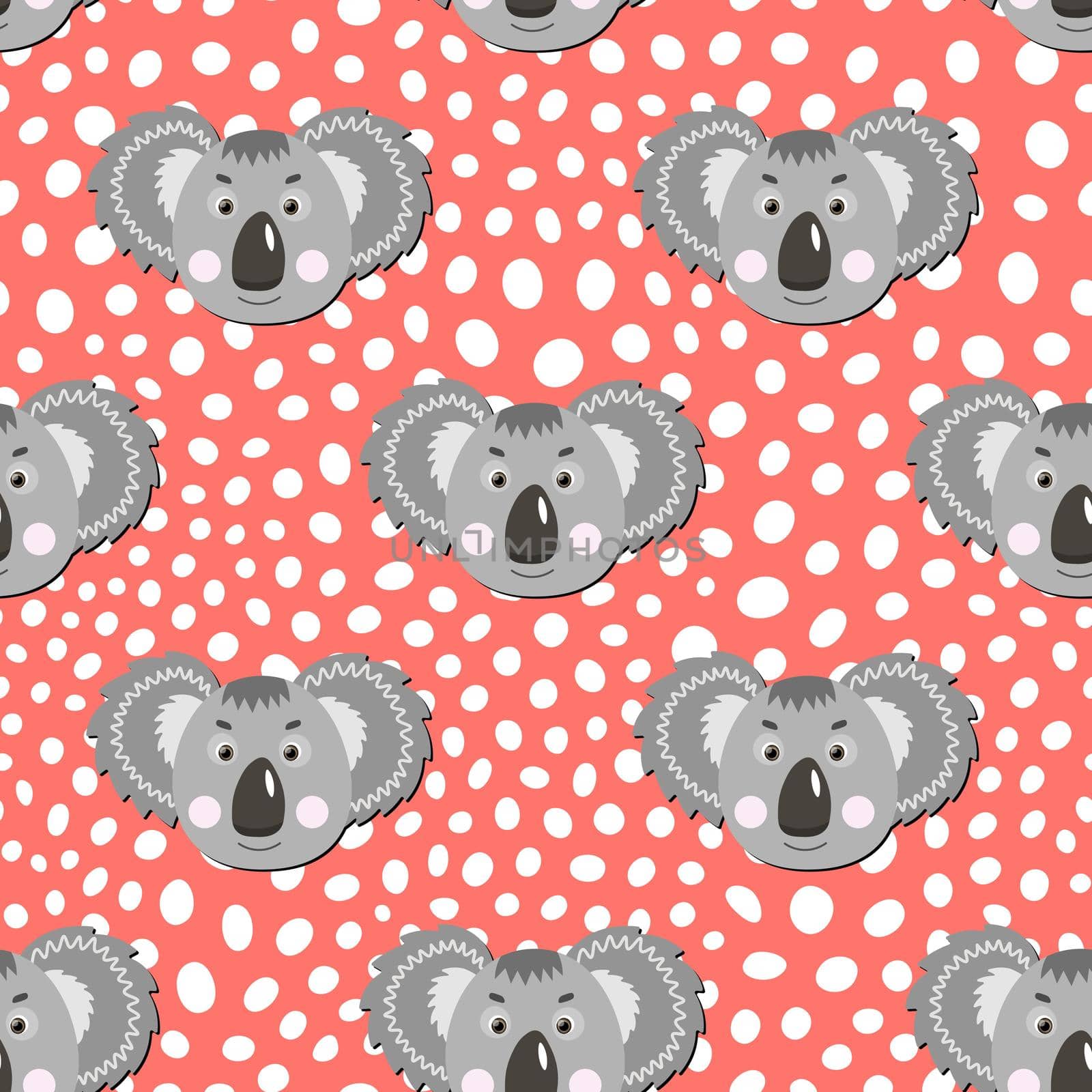 Vector flat animals colorful illustration for kids. Seamless pattern with cute koala face on pink polka dots background. Adorable cartoon character. Design for card, poster, fabric, textile. by allaku