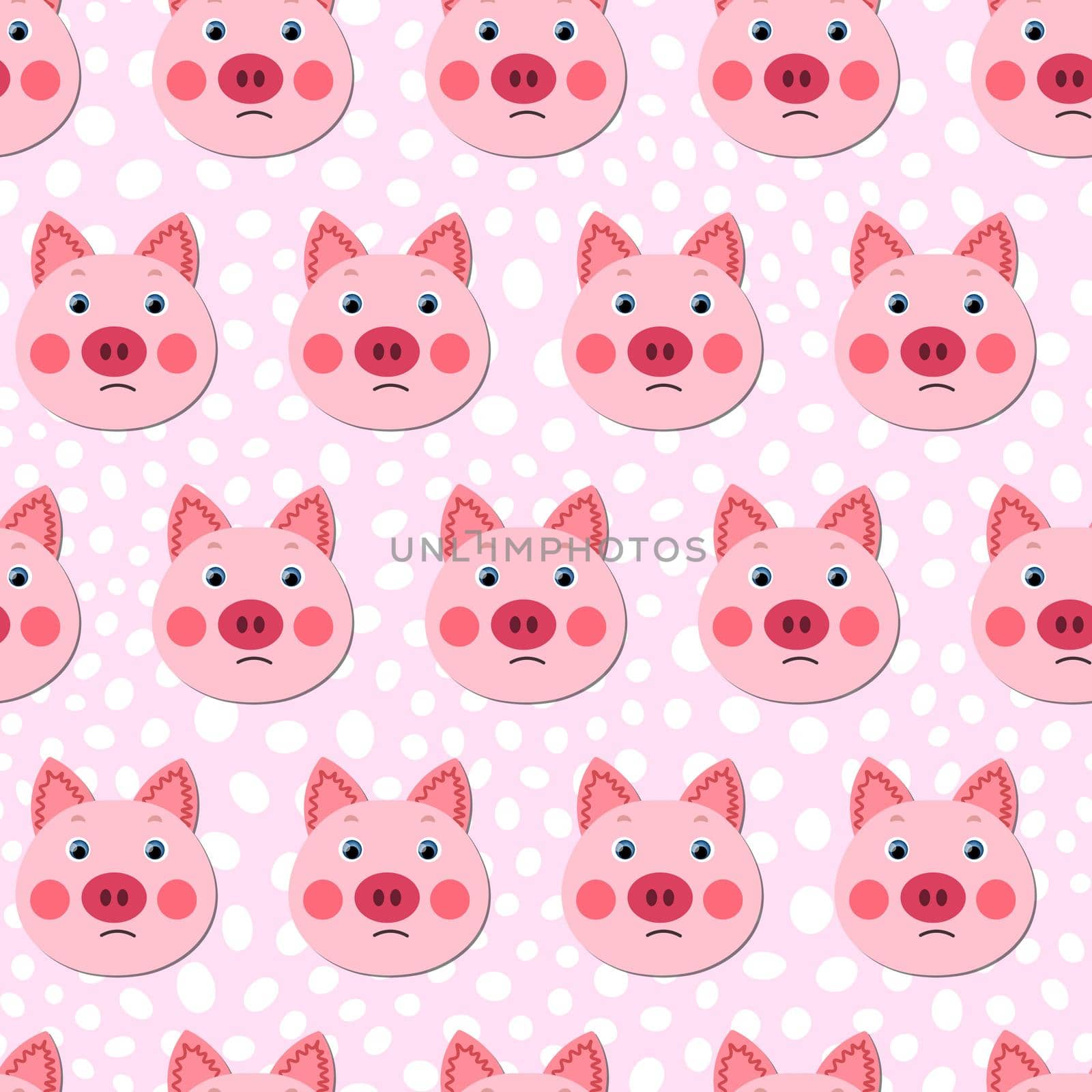 Vector flat animals colorful illustration for kids. Seamless pattern with cute pig face on pink polka dots background. Adorable cartoon character. Design for textures, card, poster, fabric, textile. by allaku