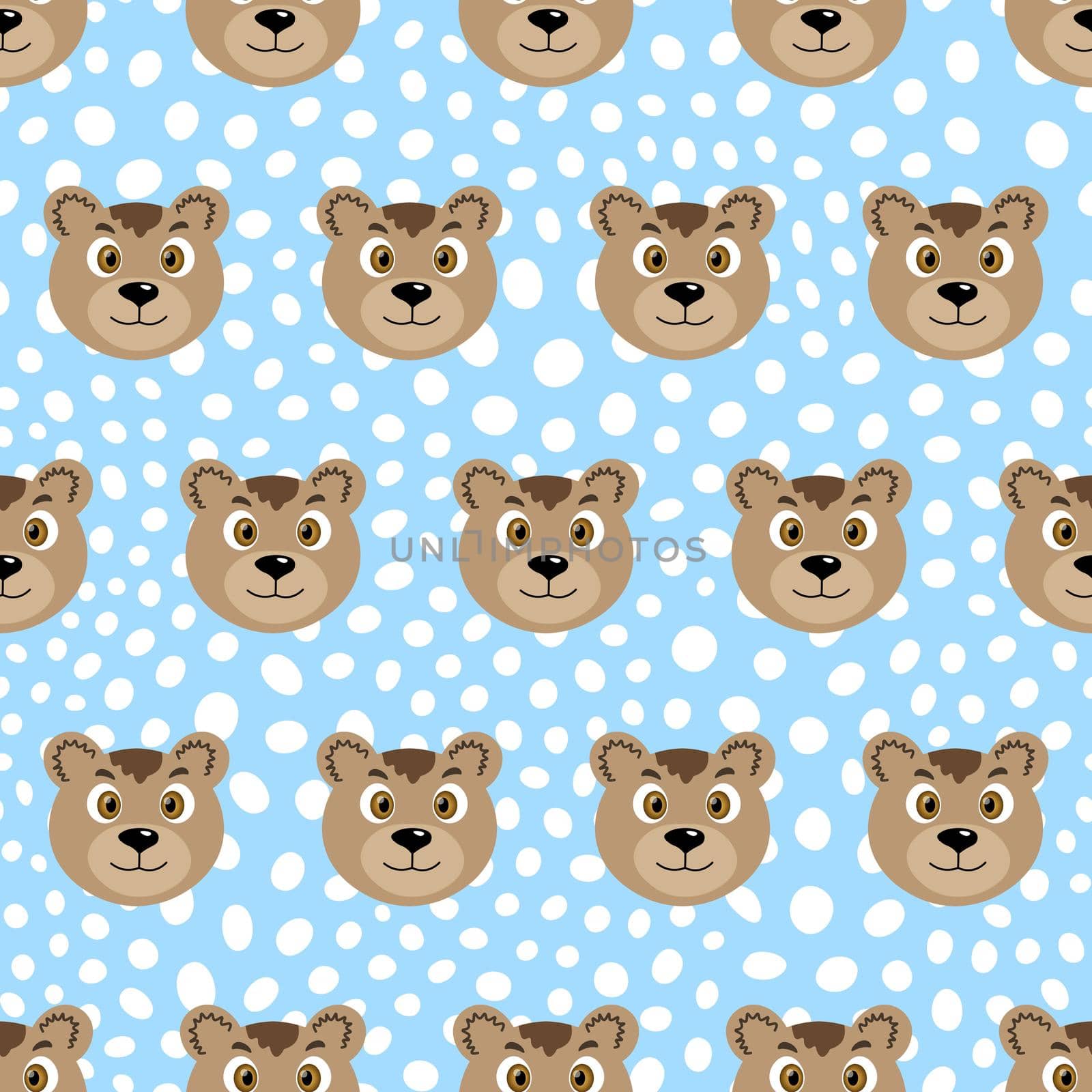 Vector flat animals colorful illustration for kids. Seamless pattern with cute bear face on blue polka dots background. Adorable cartoon character. Design for card, poster, fabric, textile