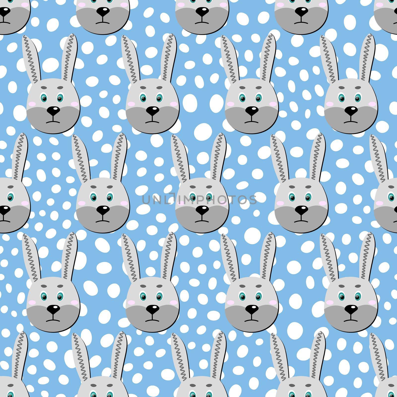 Vector flat animals colorful illustration for kids. Seamless pattern with cute hare face on blue polka dots background. Adorable cartoon character. Design for card, poster, fabric, textile. Rabbit