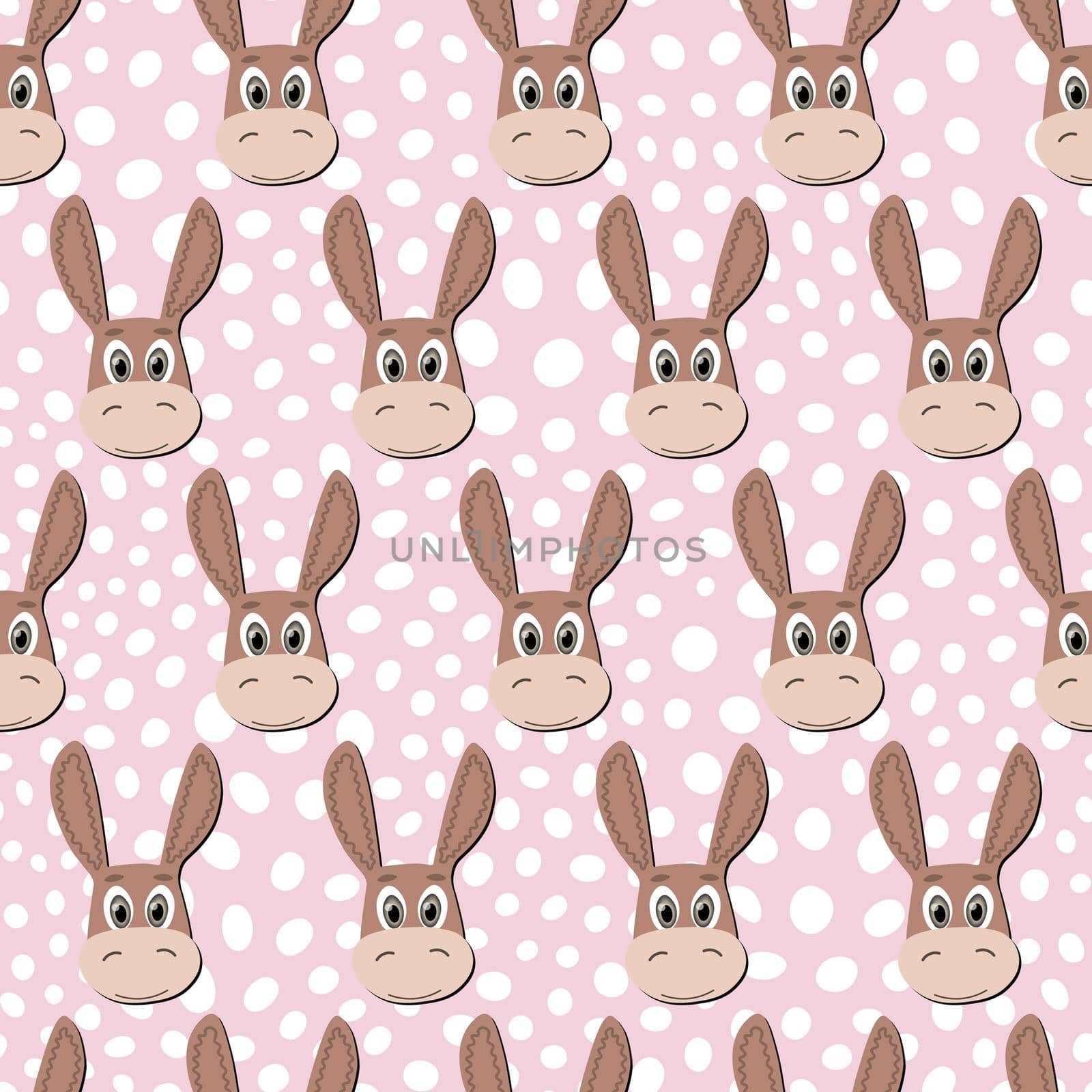 Vector flat animals colorful illustration for kids. Seamless pattern with cute donkey face on pink polka dots background. Cartoon adorable character. Design for textures, card, poster, fabric,textile