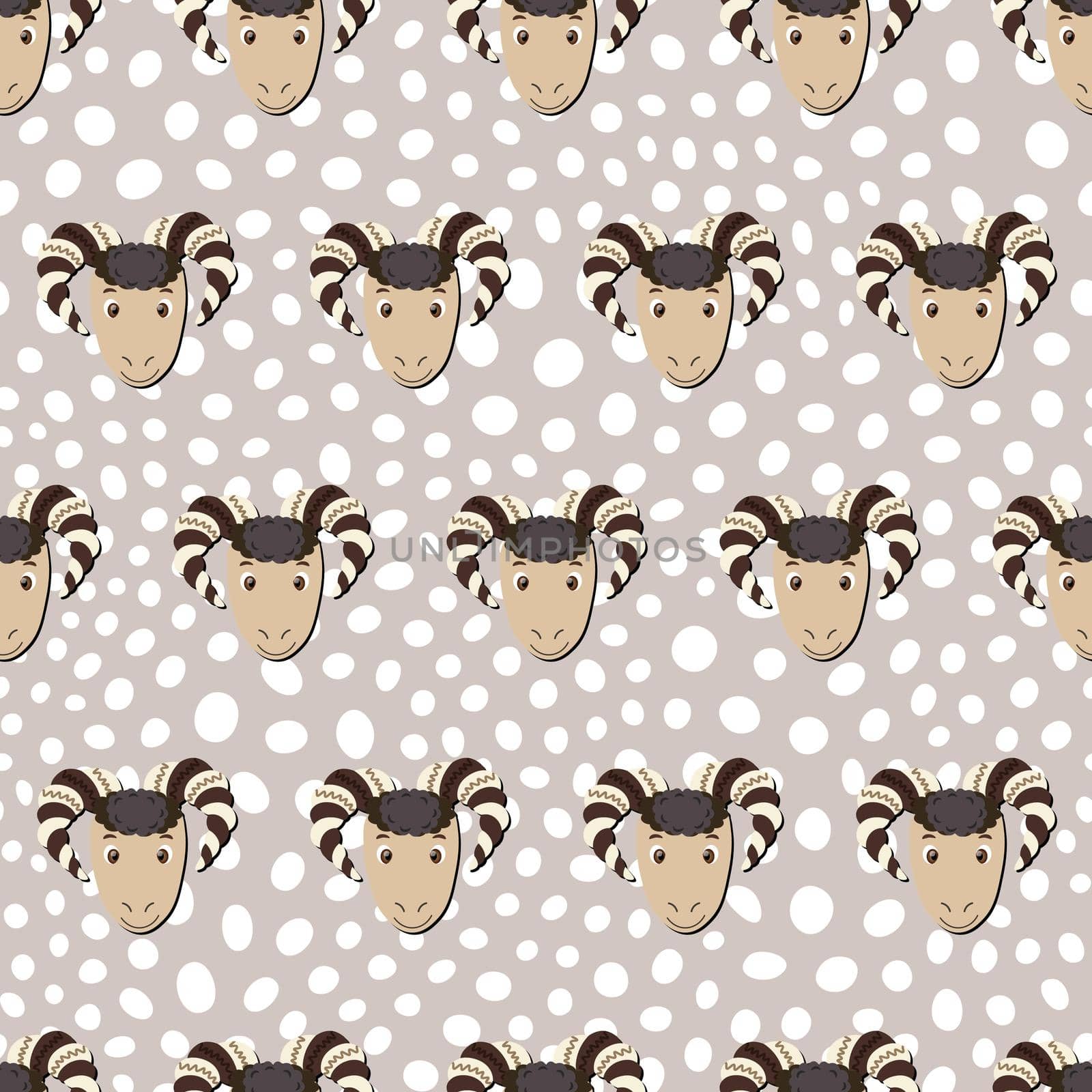Vector flat animals colorful illustration for kids. Seamless pattern with ram face on beige polka dots background. Cute sheep. Adorable cartoon character. Design for textures, card, fabric, textile