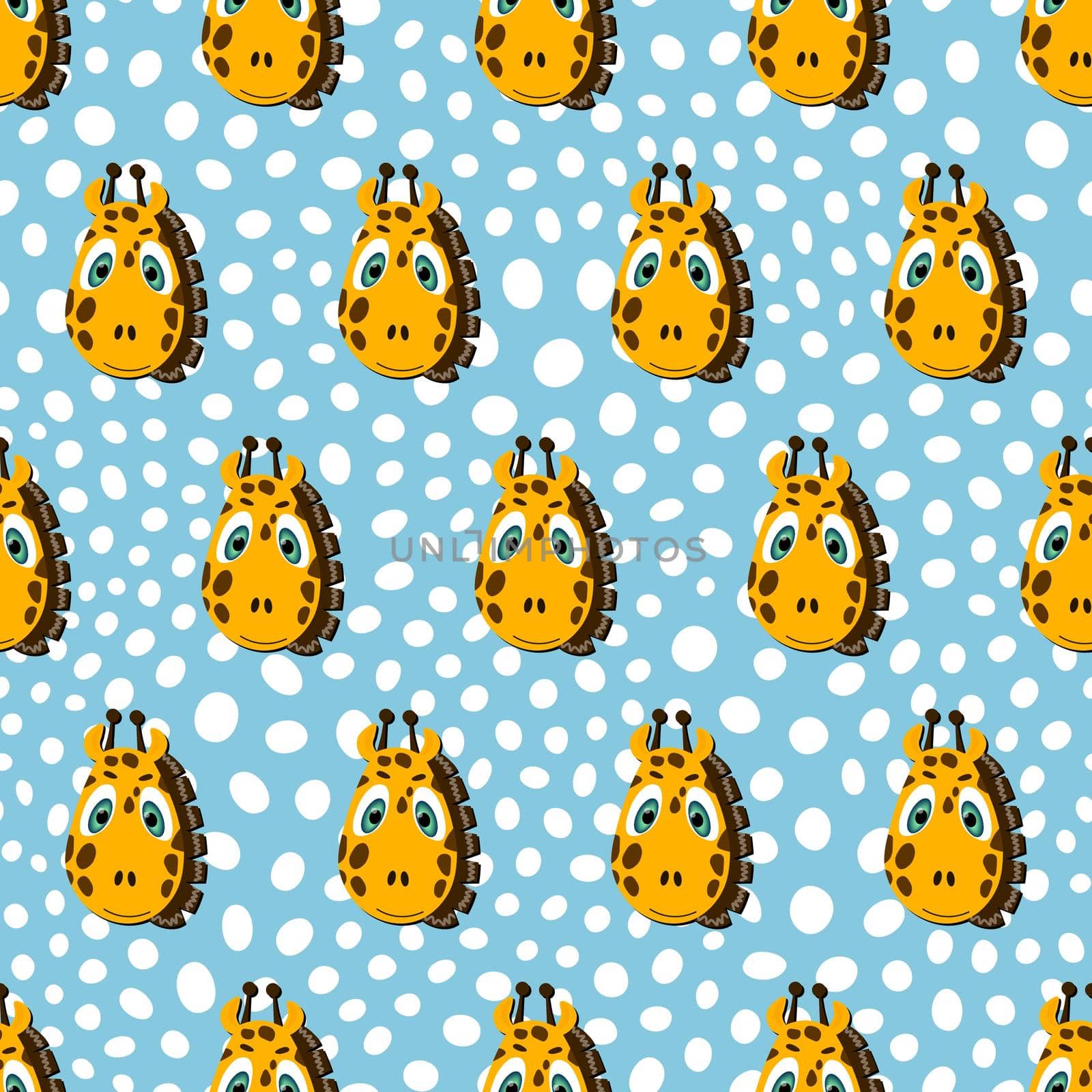 Vector flat animals colorful illustration for kids. Seamless pattern with cute giraffe face on blue polka dots background. Adorable cartoon character. Design for card, poster, fabric, textile. by allaku