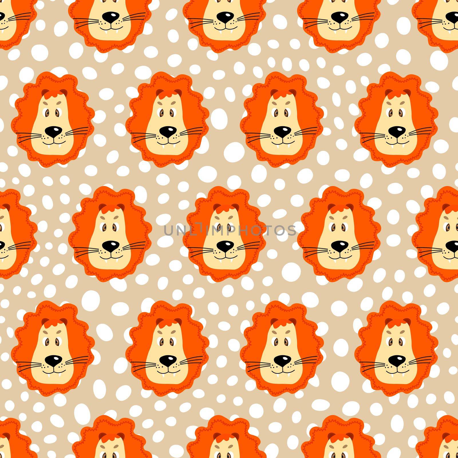 Vector flat animals colorful illustration for kids. Seamless pattern with cute lion face on beige polka dots background. Adorable cartoon character.Design for textures, card, poster, fabric, textile. by allaku