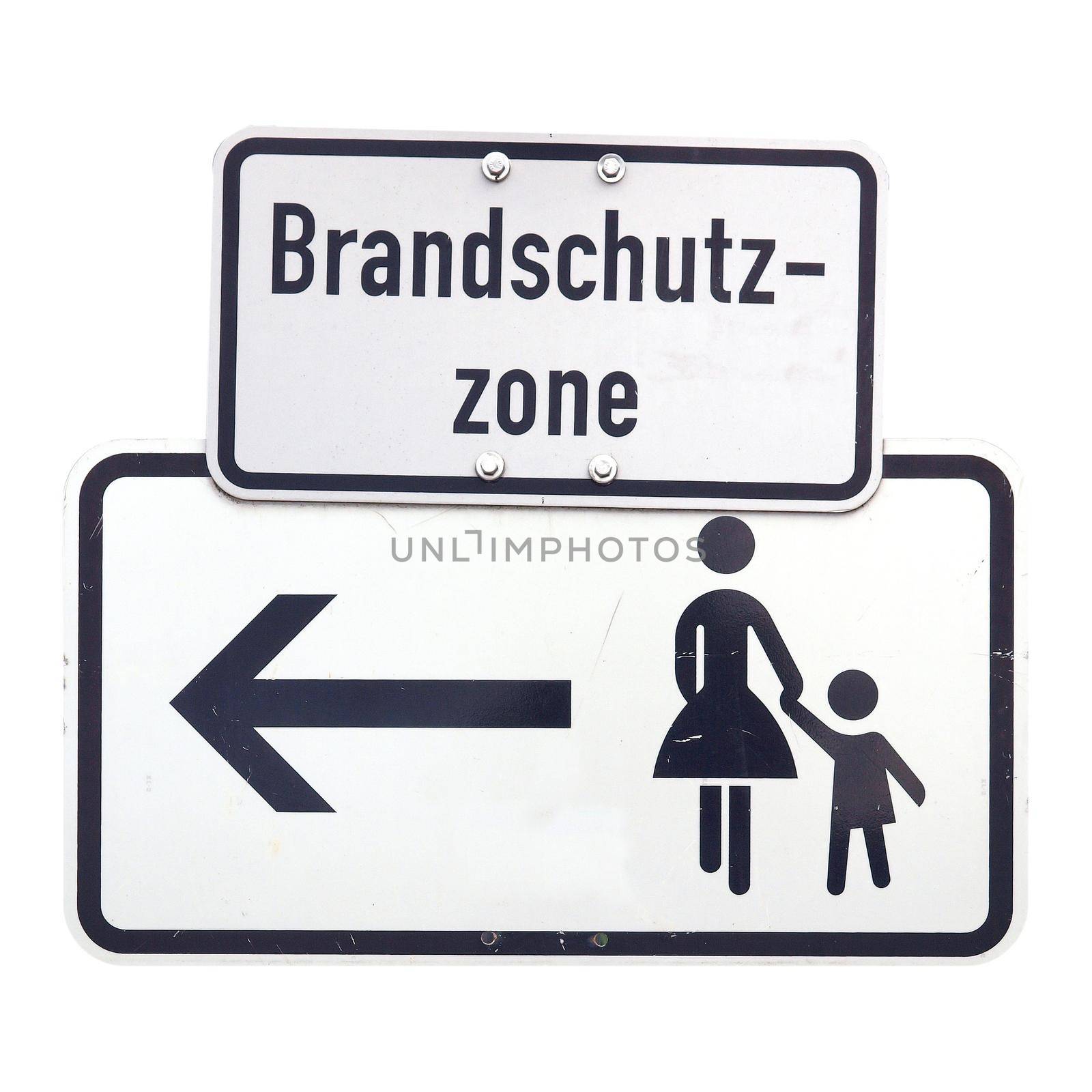 German traffic sign isolated over white background. Brandschutz zone (translation: Fire protection zone)