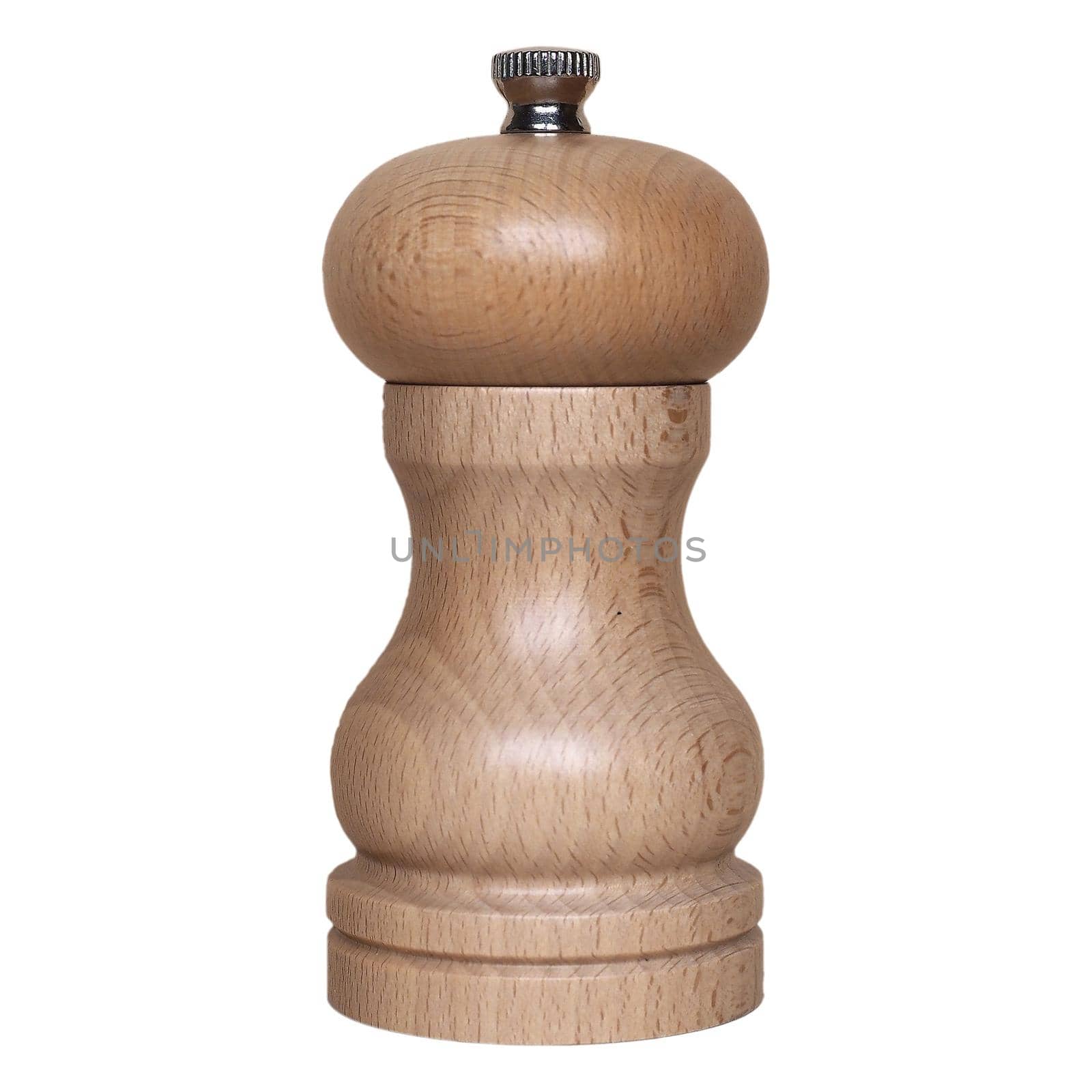 Wooden salt or pepper mill grinder kitchen tools isolated over white background