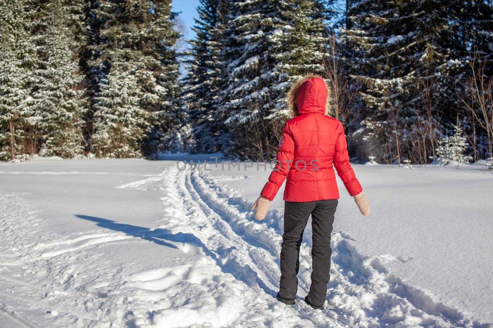 A girl in a red jacket walks through a snow-covered forest by AnatoliiFoto