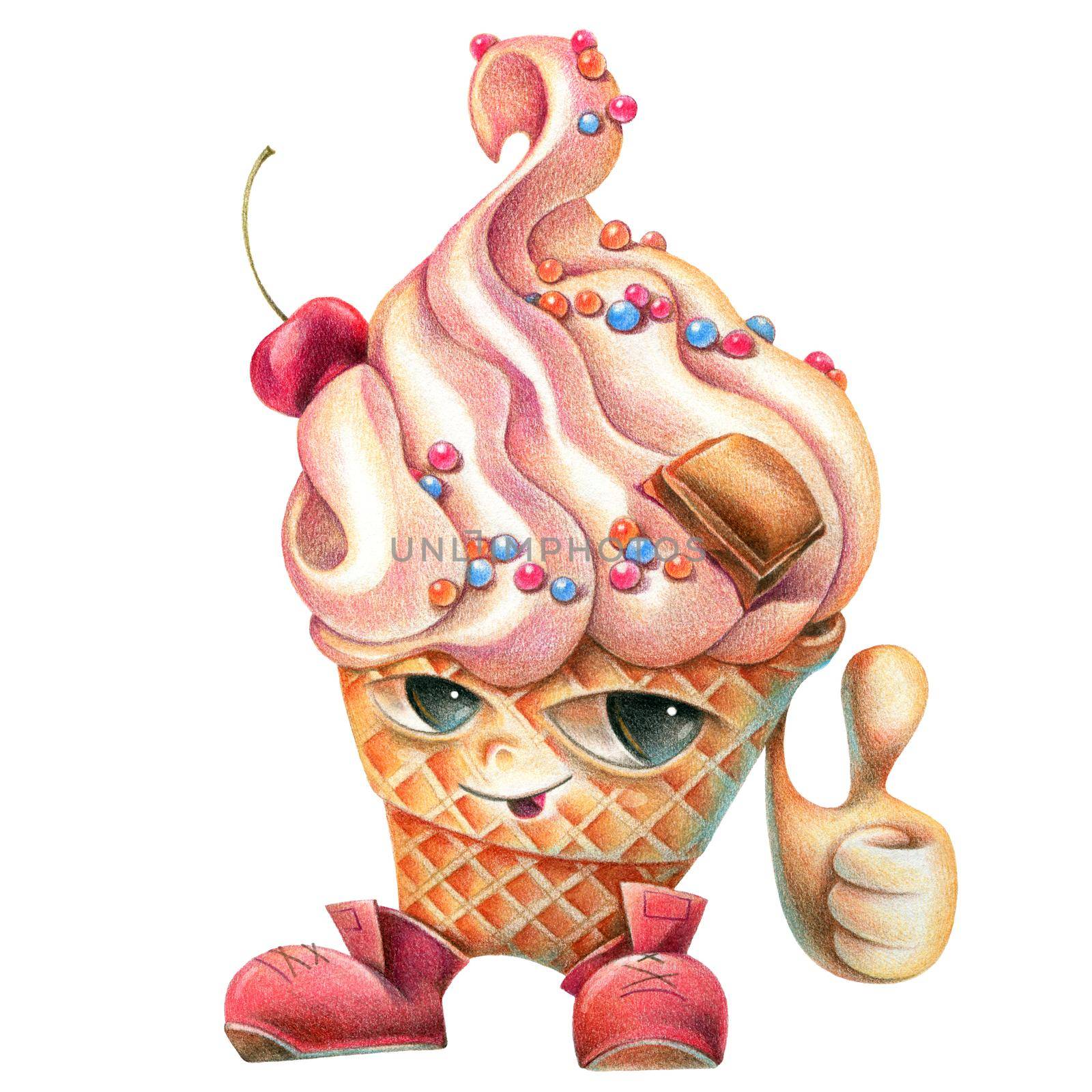 Nice ice cream. Hand-drawn illustration with colored pencils. Original art graphics.