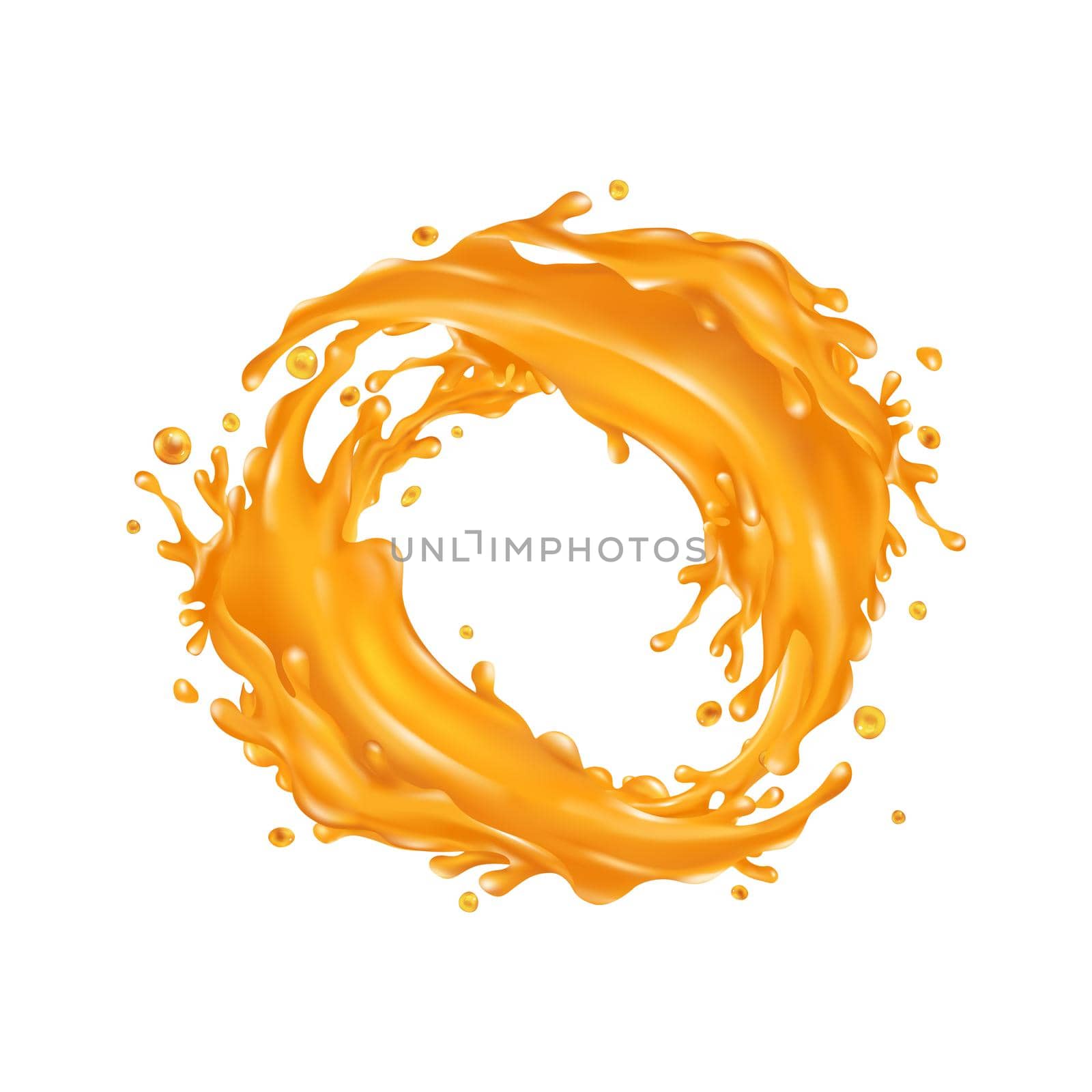 Orange juice dynamic splash. Illustration in realistic style.