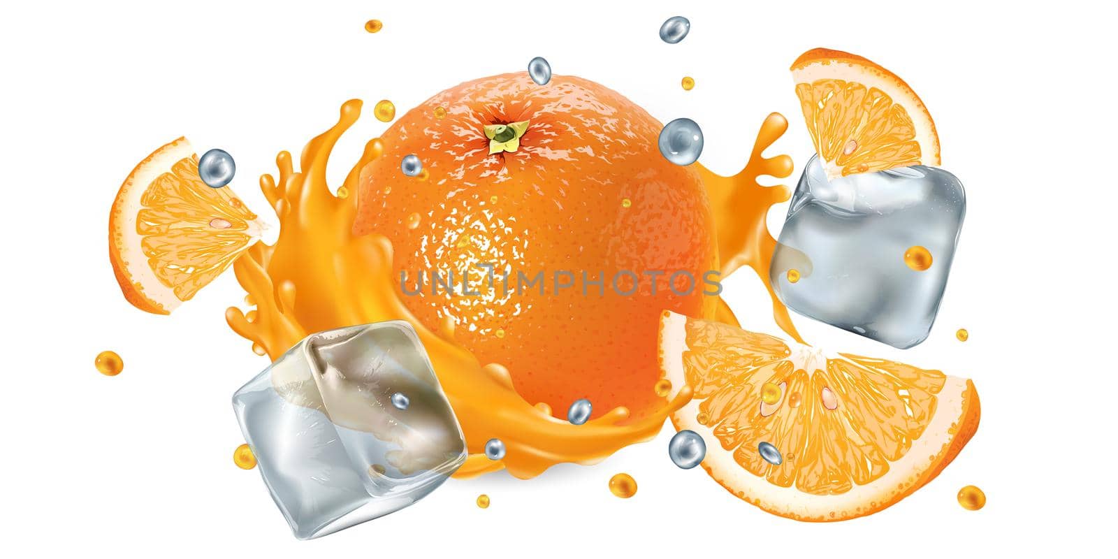 Fresh orange in a splash of juice with ice cubes and flying droplets by ConceptCafe