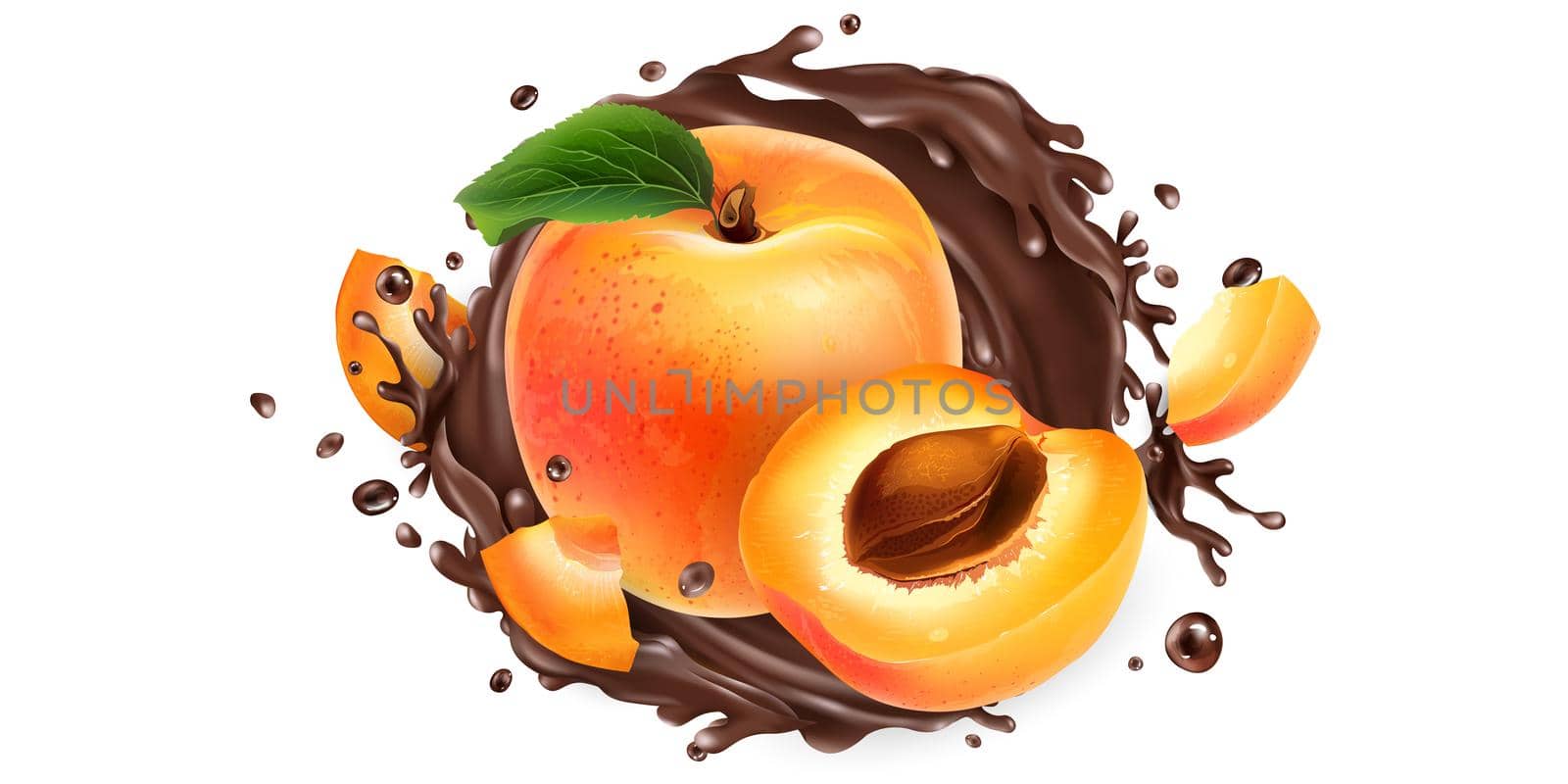 Ripe apricots and a splash of liquid chocolate on a white background. Realistic style illustration.