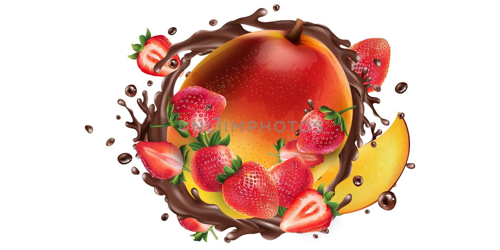 Fresh mango with strawberries and a splash of liquid chocolate on a white background. Realistic style illustration.
