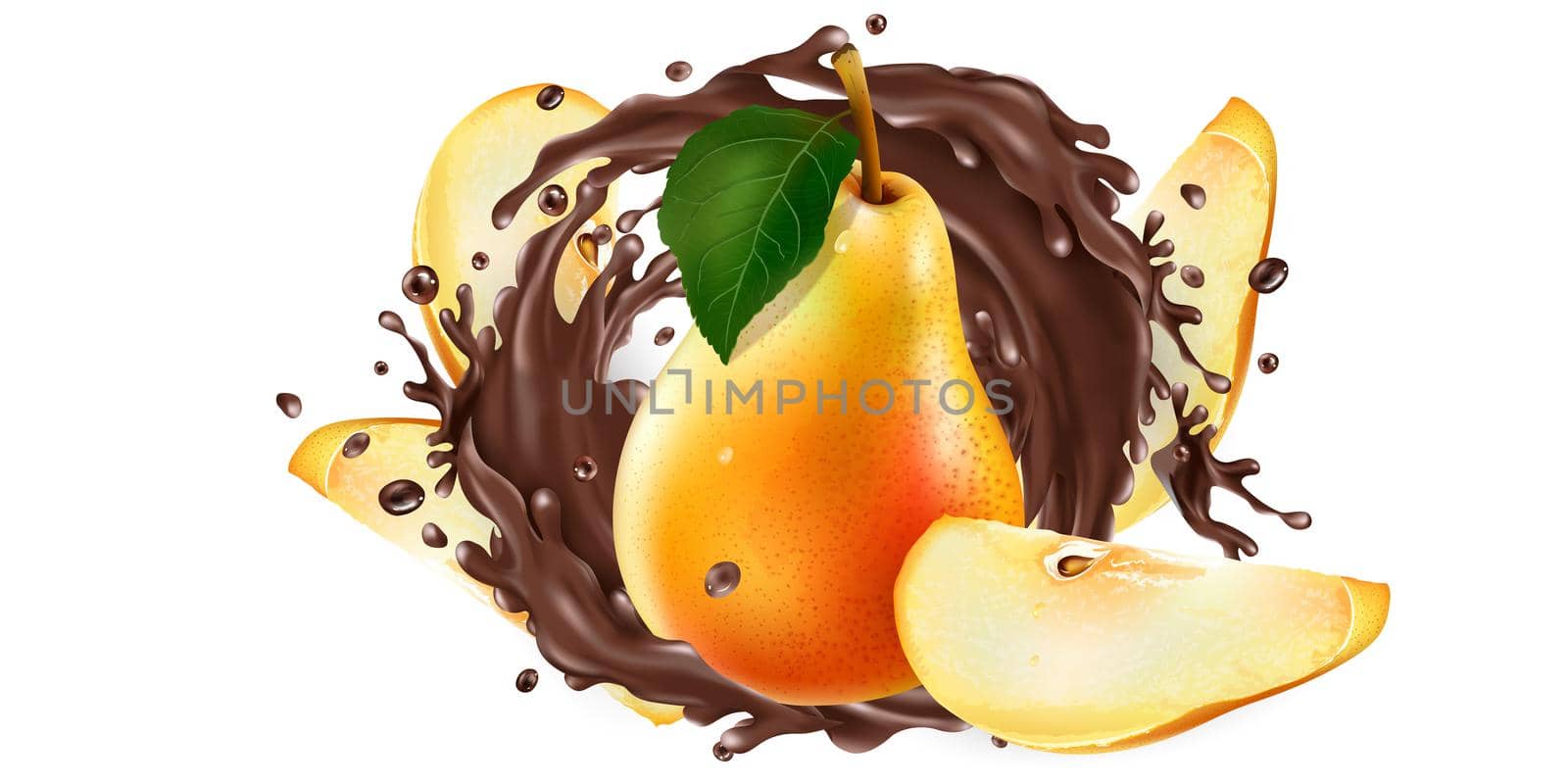 Fresh pears and a splash of liquid chocolate on a white background. Realistic style illustration.