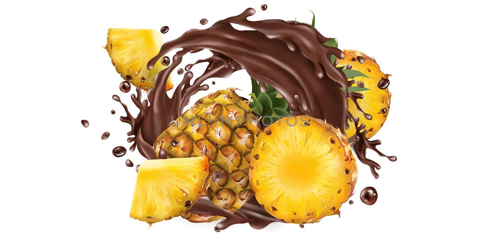 Fresh pineapples and a splash of liquid chocolate on a white background. Realistic style illustration.