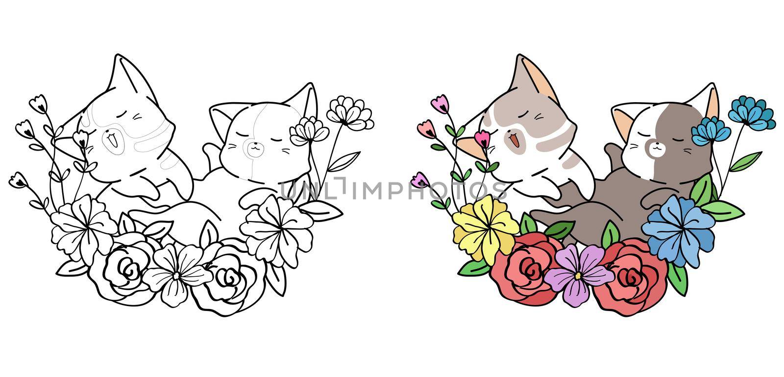 2 cute cats with wreath cartoon coloring page by valueinvestor