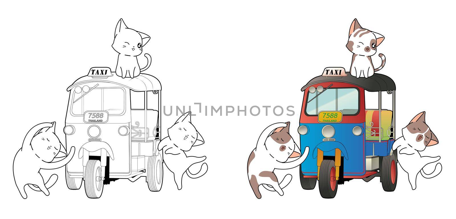 Cute cat characters and Thai motor tricycle cartoon coloring page by valueinvestor
