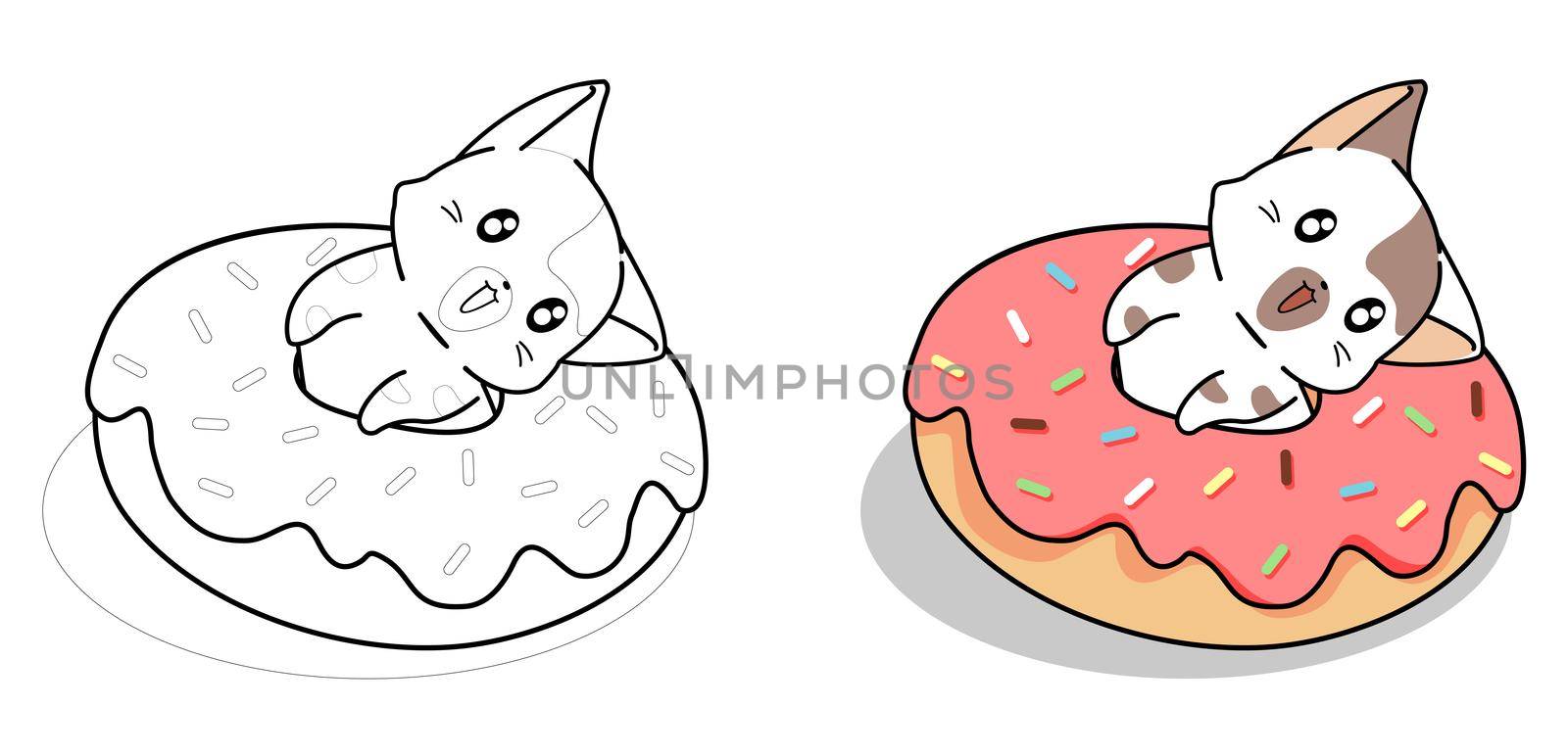 Cute cat in big donut cartoon coloring page by valueinvestor