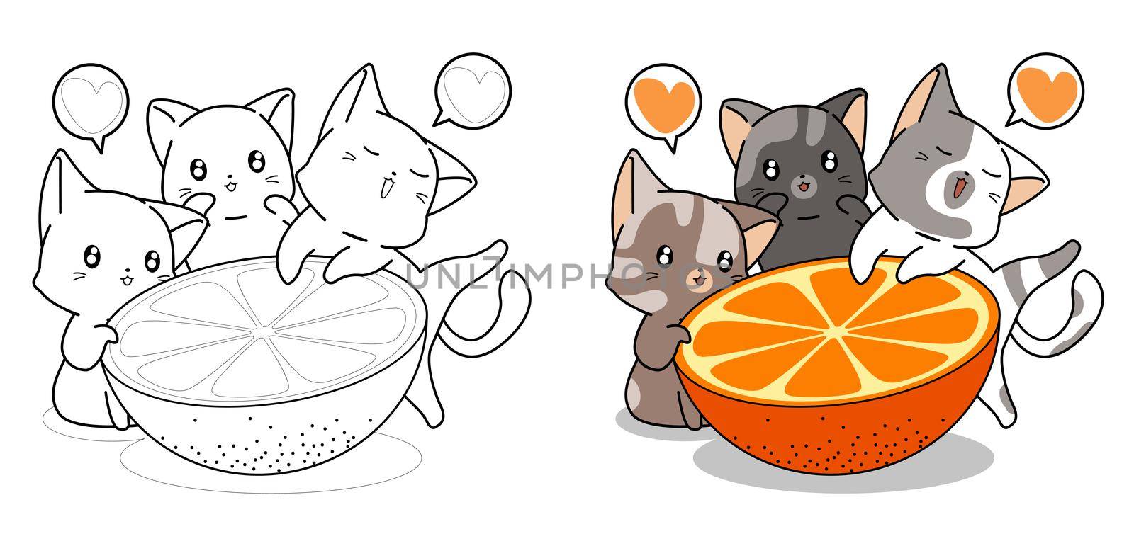 Cute cats and big orange cartoon coloring page