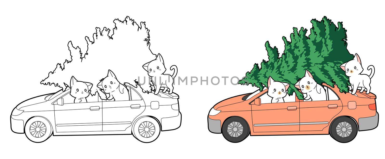 Kawaii cats is in the car with Christmas tree cartoon coloring page for kids by valueinvestor