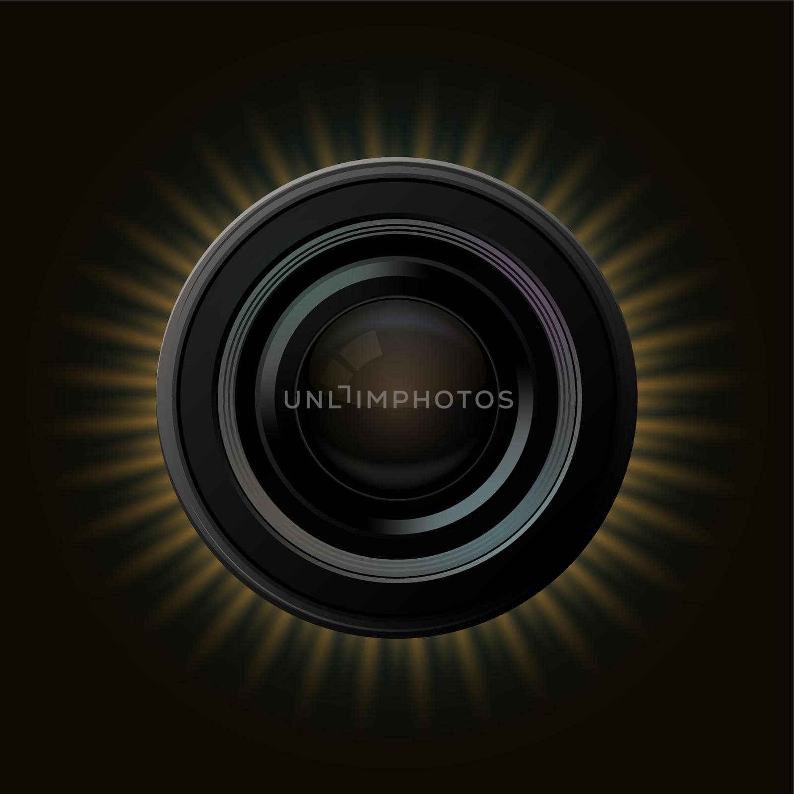 Vector modern camera icon with orange rays on dark background