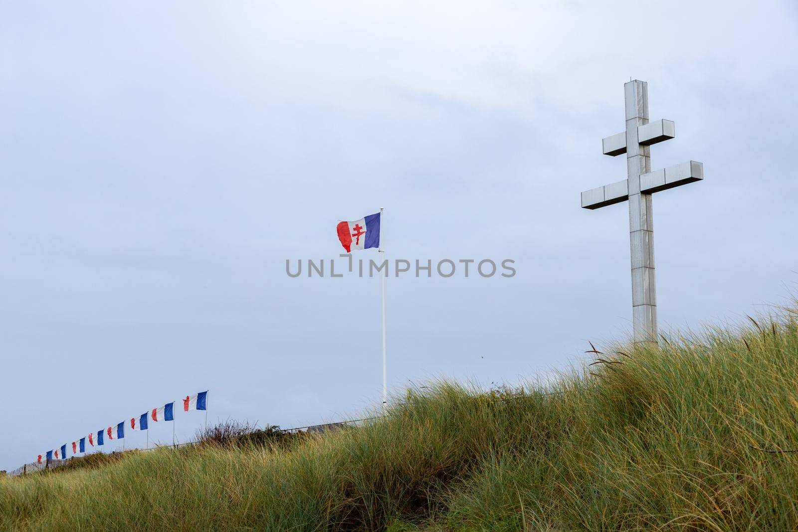 Juno Beach Normandy France 10.26.2019 Croix de Lorraine above the beach where the Canadian forces landed during the D Day invasion WW2. The monuments in memory of D Day landings. High quality photo
