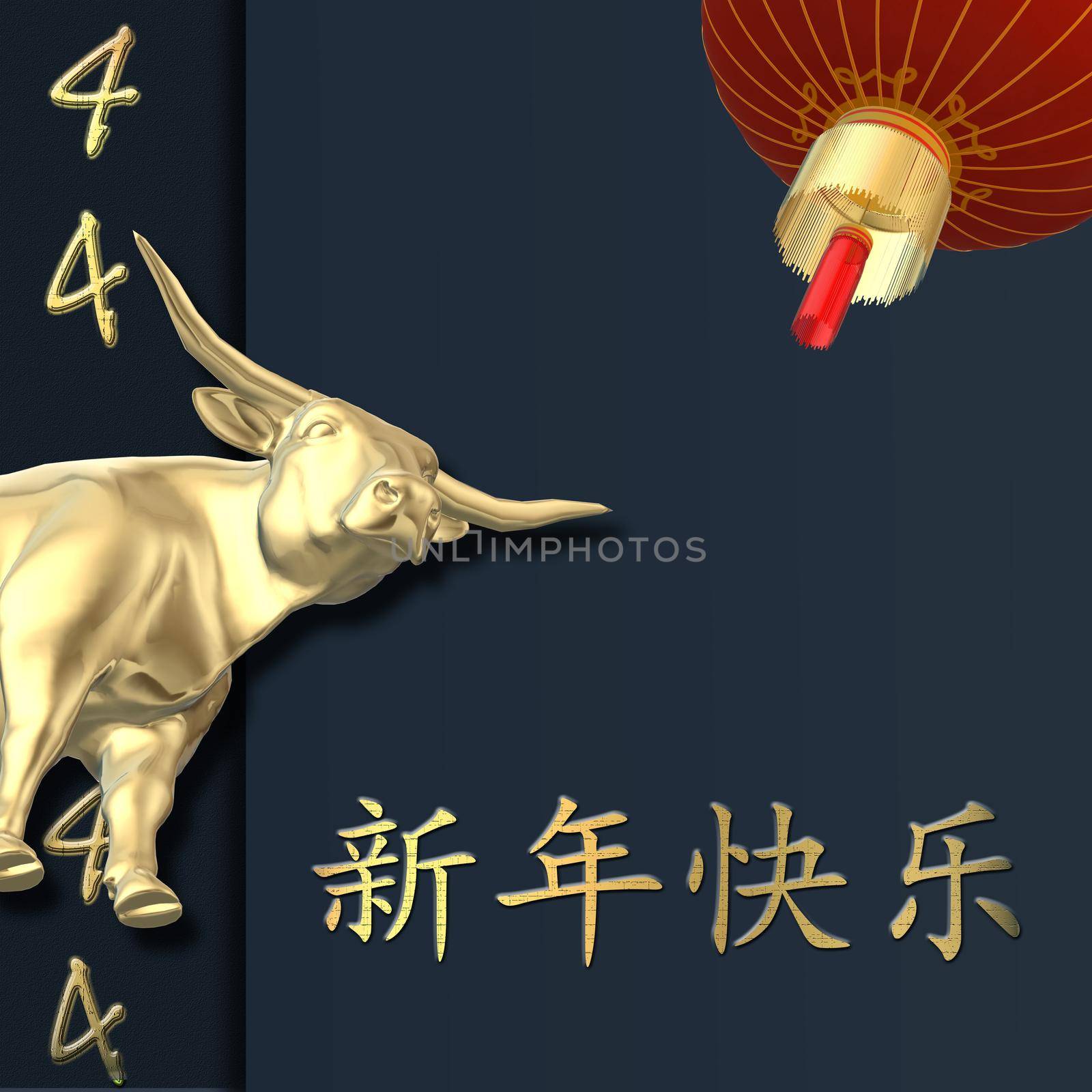 2021 Chinese new year, gold ox, lucky number 4, lantern on blue background. Gold text Happy Chinese New Year. Design for oriental 2021 new year card. 3D rendering