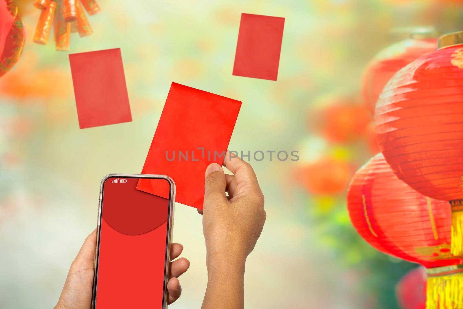 Chinese new year , Digital Hongbao or red envelope  are sending on cellphone.