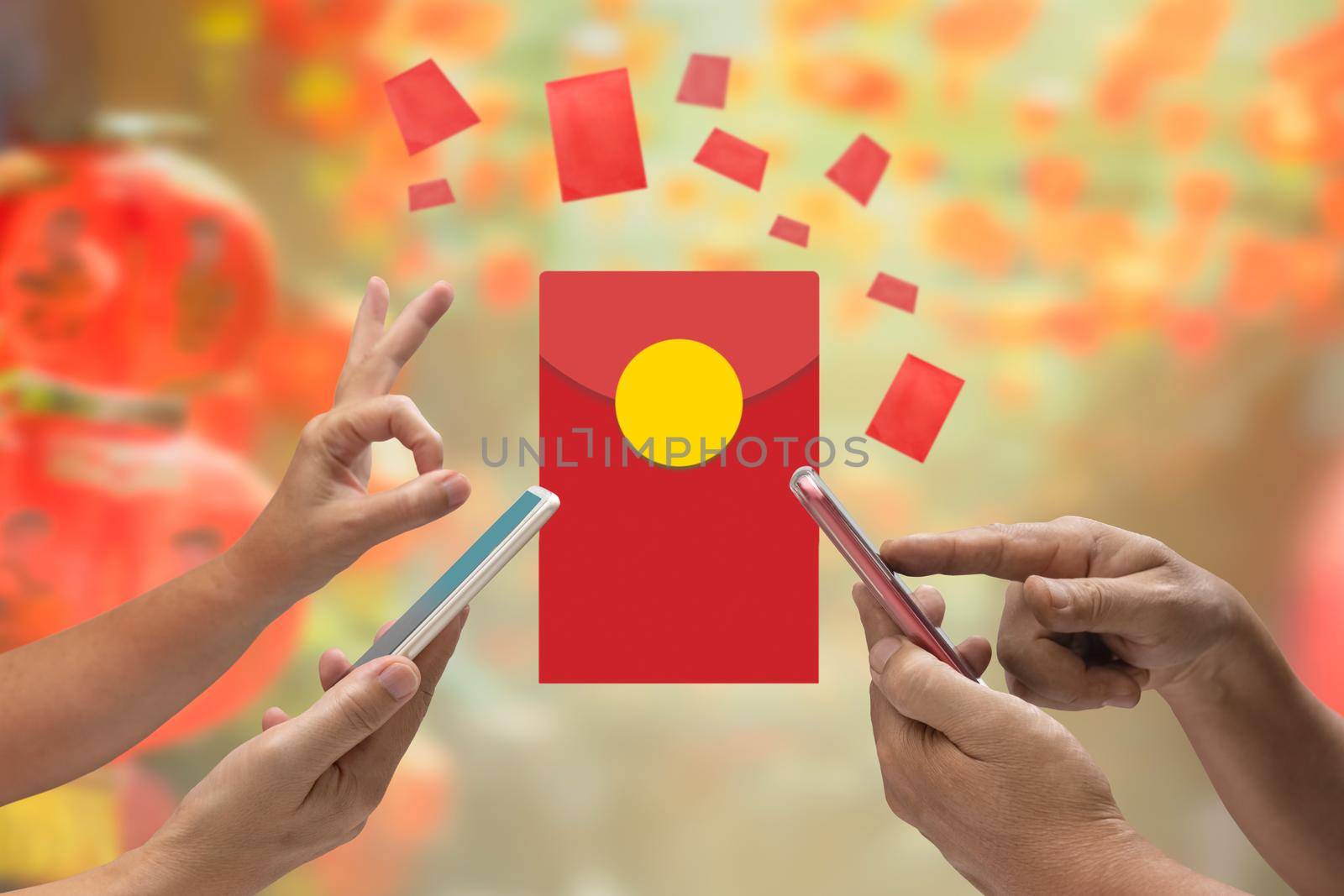 Chinese new year , Digital Hongbao or red envelope  are sending on cellphone.