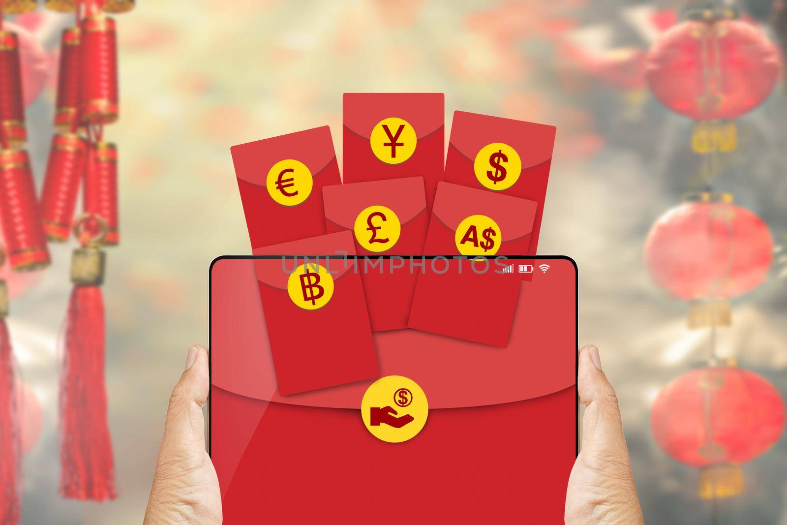 Chinese new year , mobile red pocket wallet on cellphone.
