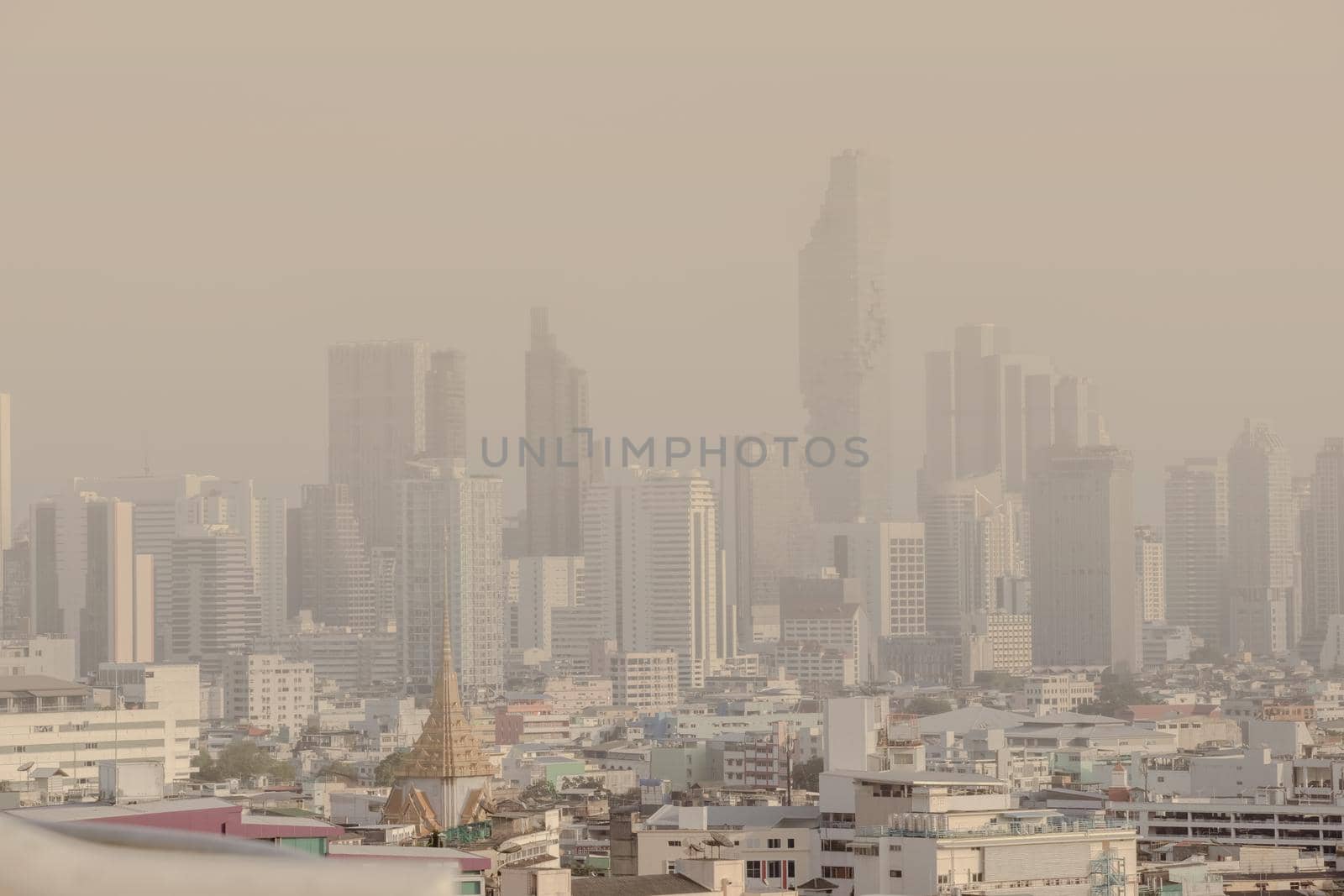 Problem air pollution at hazardous levels with PM 2.5 dust, smog or haze, low visibility in Bangkok city ,Thailand