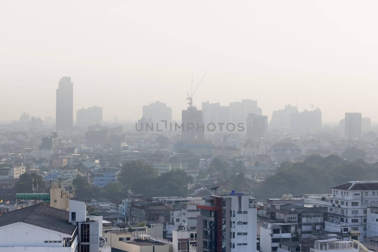 Problem air pollution at hazardous levels with PM 2.5 dust, smog or haze, low visibility in Bangkok city ,Thailand by toa55
