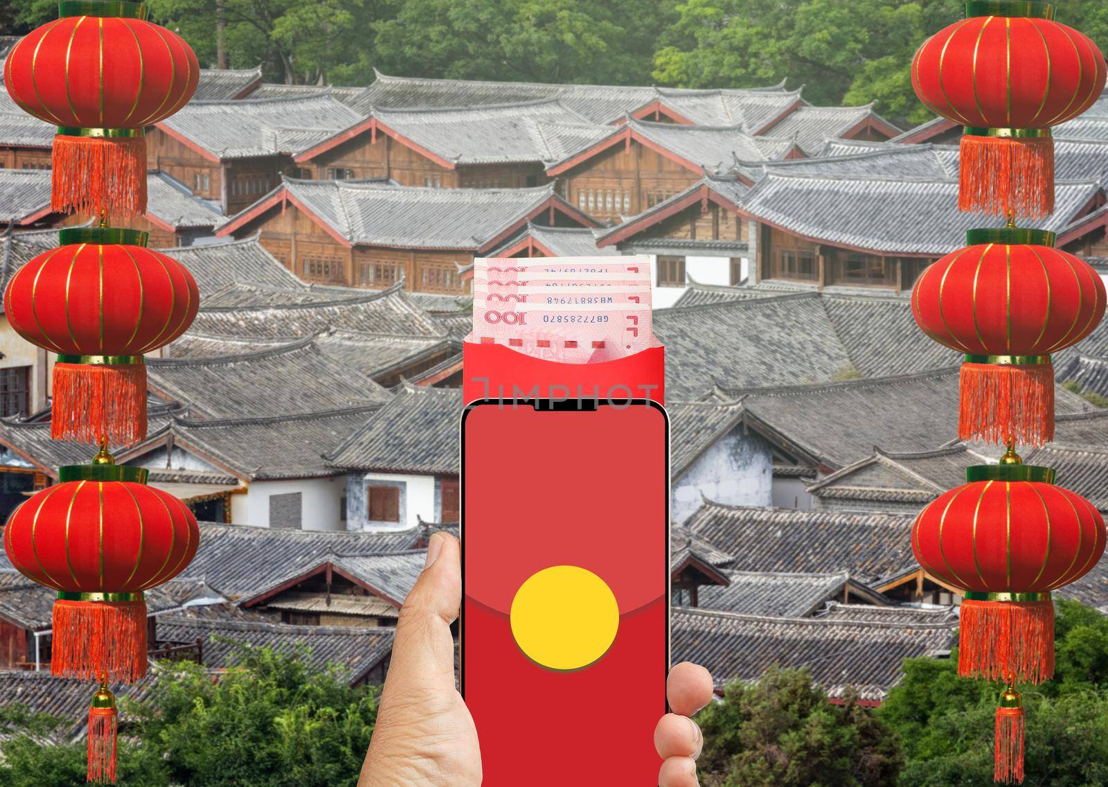 The digital hongbao on cell phone in chinese lunar new year. 
distribute money in paper red packets to family