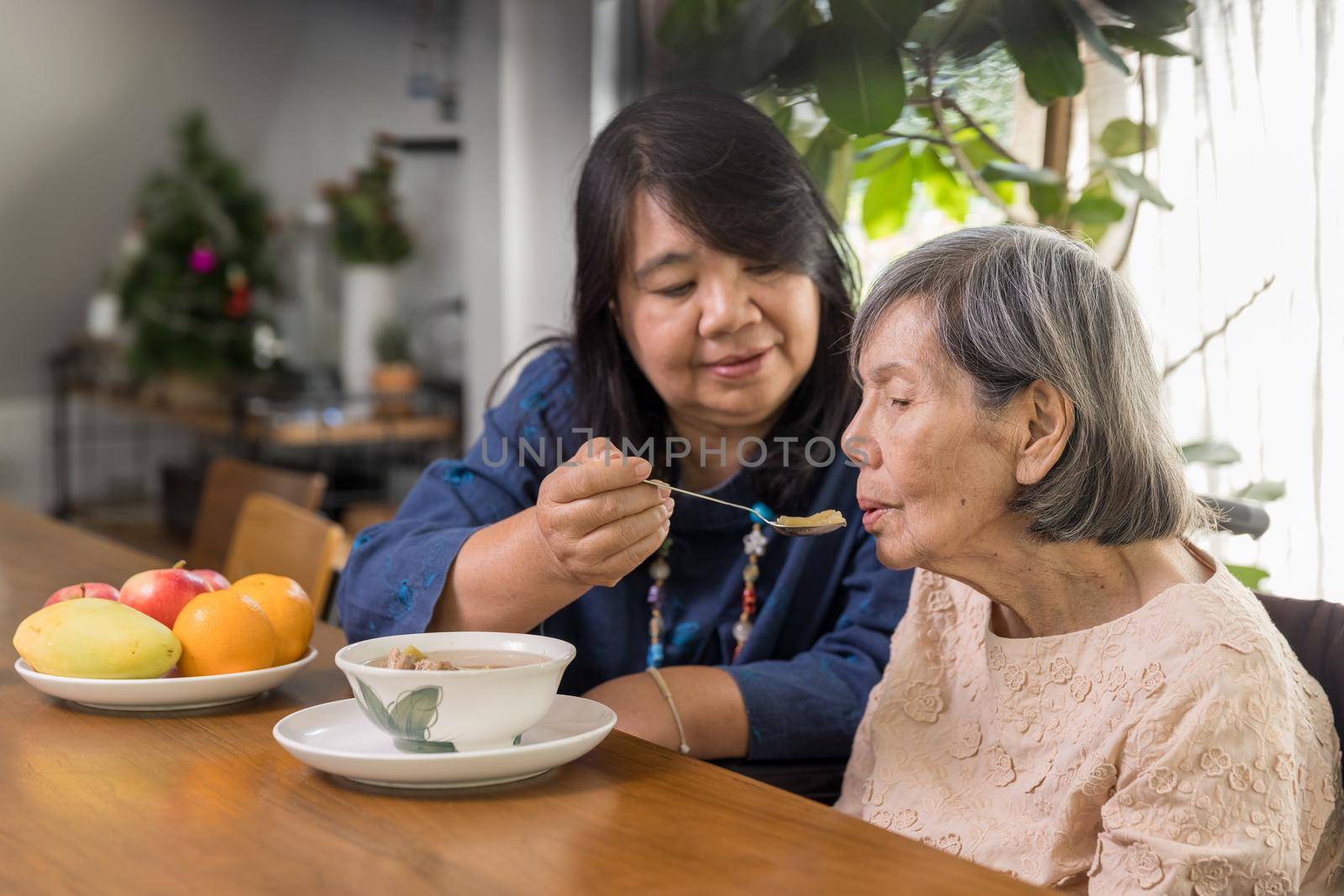 Daughter feeding elderly mother with soup. by toa55