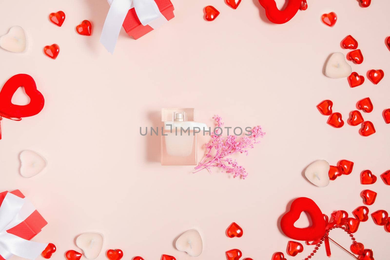 Valentine's Day, composition of hearts on a pink background. View from above. Space for text, flat lay