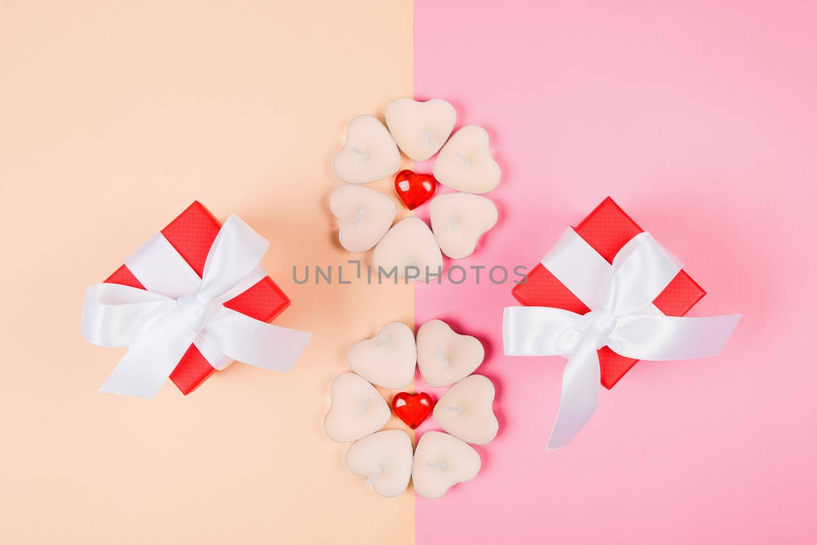 Valentine's Day, composition of hearts on a pink background. View from above. Space for text, flat lay