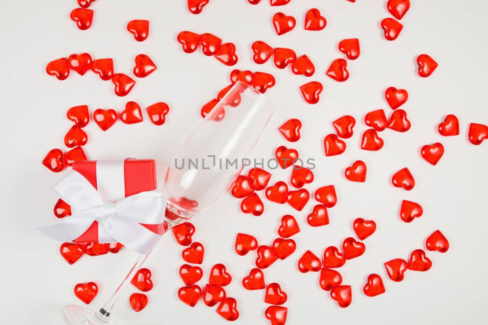 Valentine's Day, composition of hearts on a white background. View from above. Space for text, flat lay