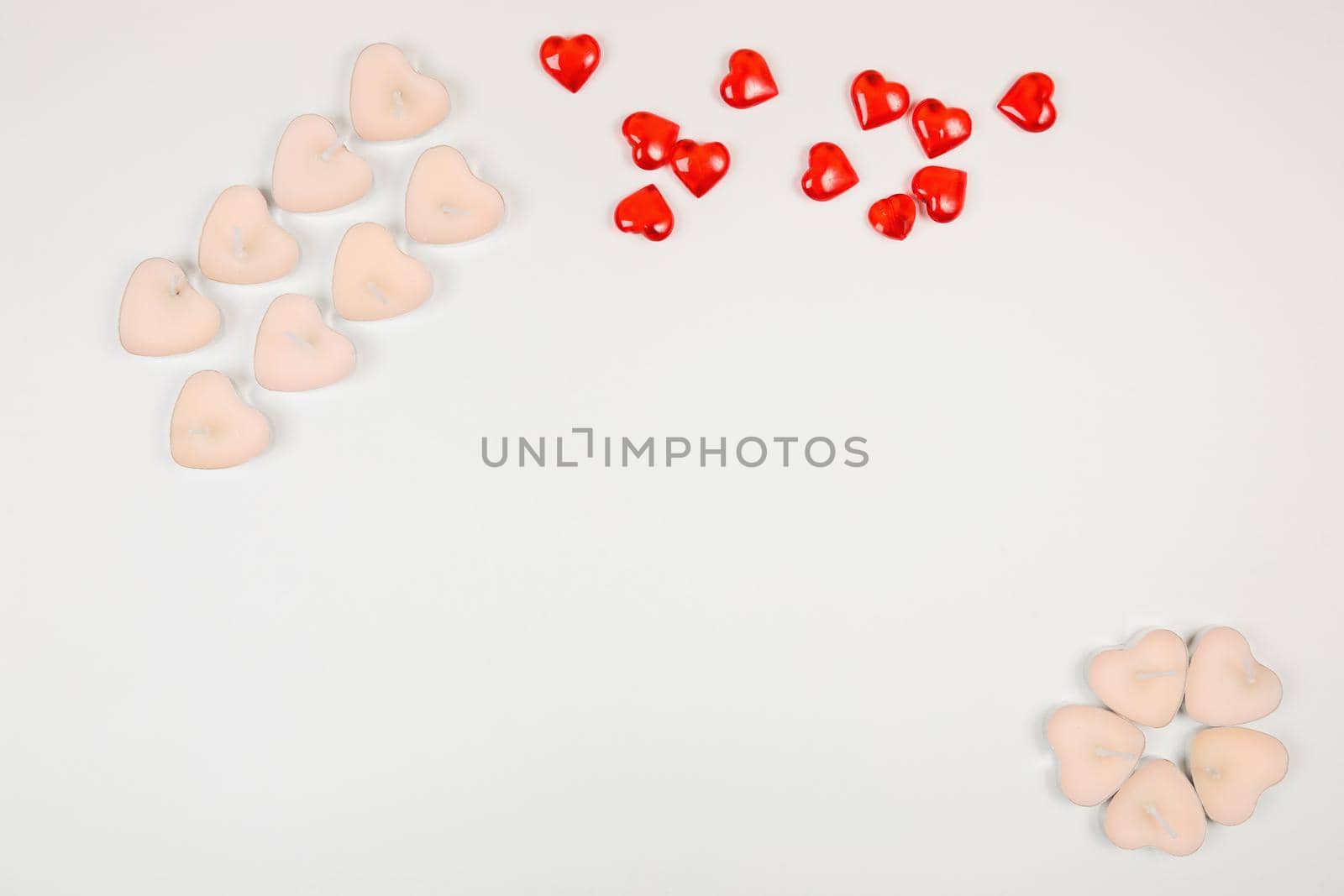 Valentine's Day, composition of hearts on a white background. View from above. Space for text, flat lay