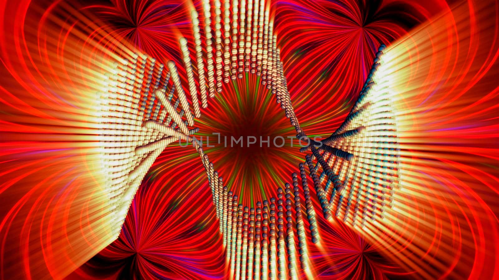 Abstract textured red background with yellow rays. 3D image