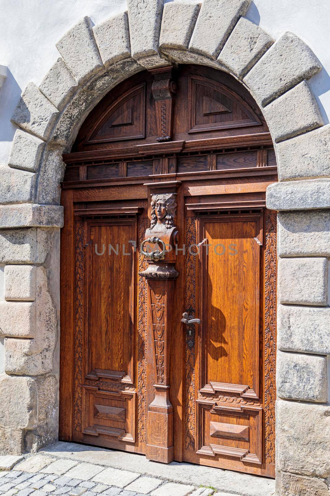 Light brown, antique wooden doors with carvings and patterns. Metal handles made of gold. A semicircular vault. Entrance to the house.