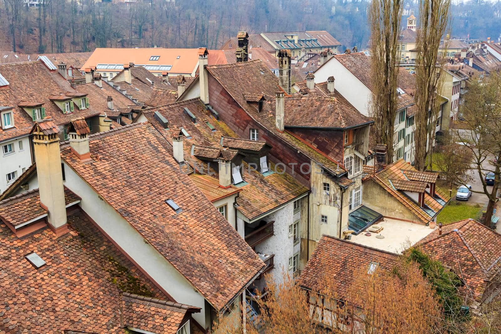 Red-brown roofs of beautiful cities made of natural tiles. The view from the top. in the distance, the horizon of the blue sky.